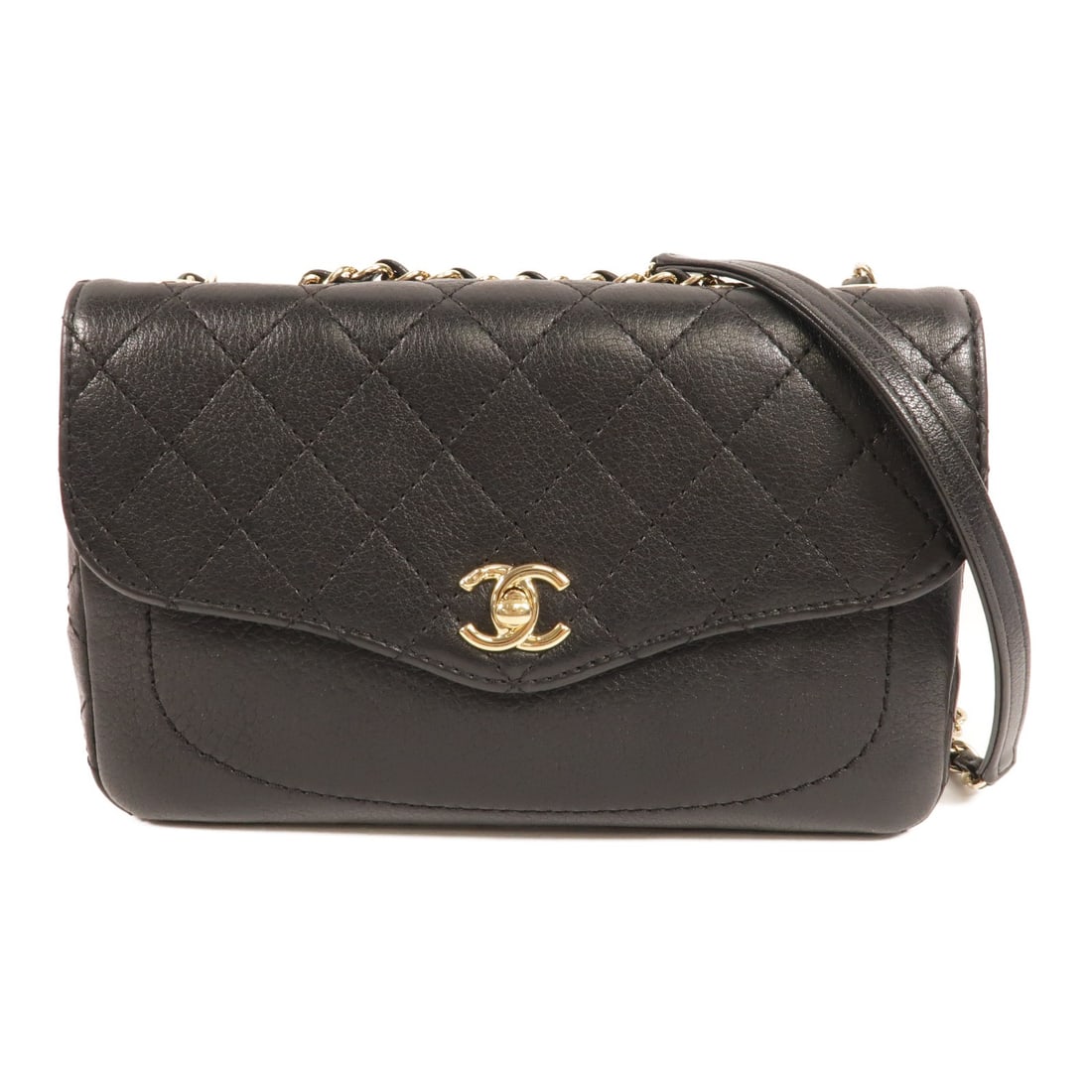 CHANEL CC Black Calfskin Chain Shoulder Bag GHW: CHANEL CC Black Calfskin Chain Shoulder Bag GHW Black CHANEL CC chain shoulder bag in calfskin (cowhide) leather with a turn-lock closure. It features an exterior open pocket and an interior zip pocke
