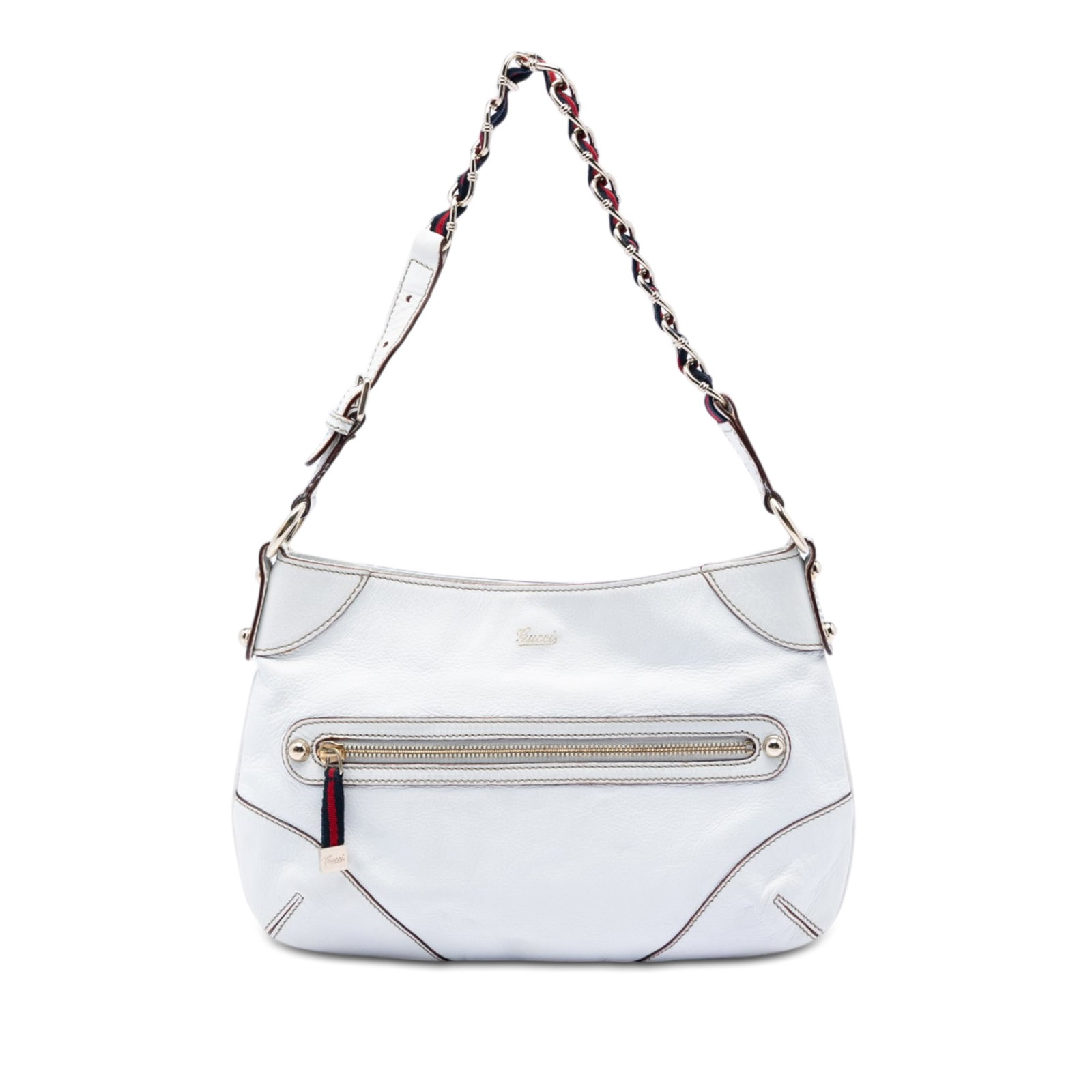 Gucci Capri Ranch Kid Shoulder Bag in White Calfskin: Gucci Capri Ranch Kid Shoulder Bag in White Calfskin Gucci Capri shoulder bag crafted in white calfskin leather with the signature web detail. This shoulder bag features a fabric woven chain link stra
