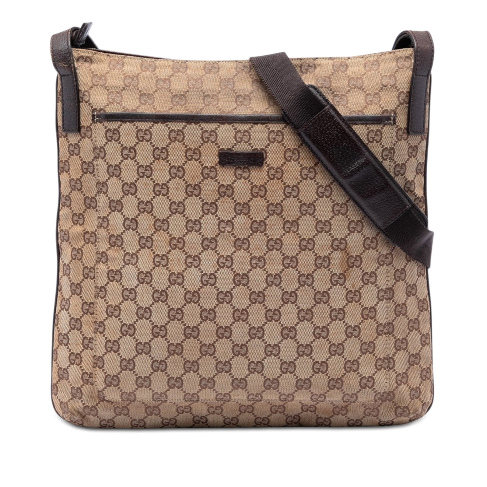 Gucci GG Canvas Beige Leather Trim Crossbody Bag: Gucci GG Canvas Beige Leather Trim Crossbody Bag Gucci GG Canvas Crossbody bag with leather trim and a flat leather strap. The design includes a top zip closure, an exterior slip pocket, and an interi
