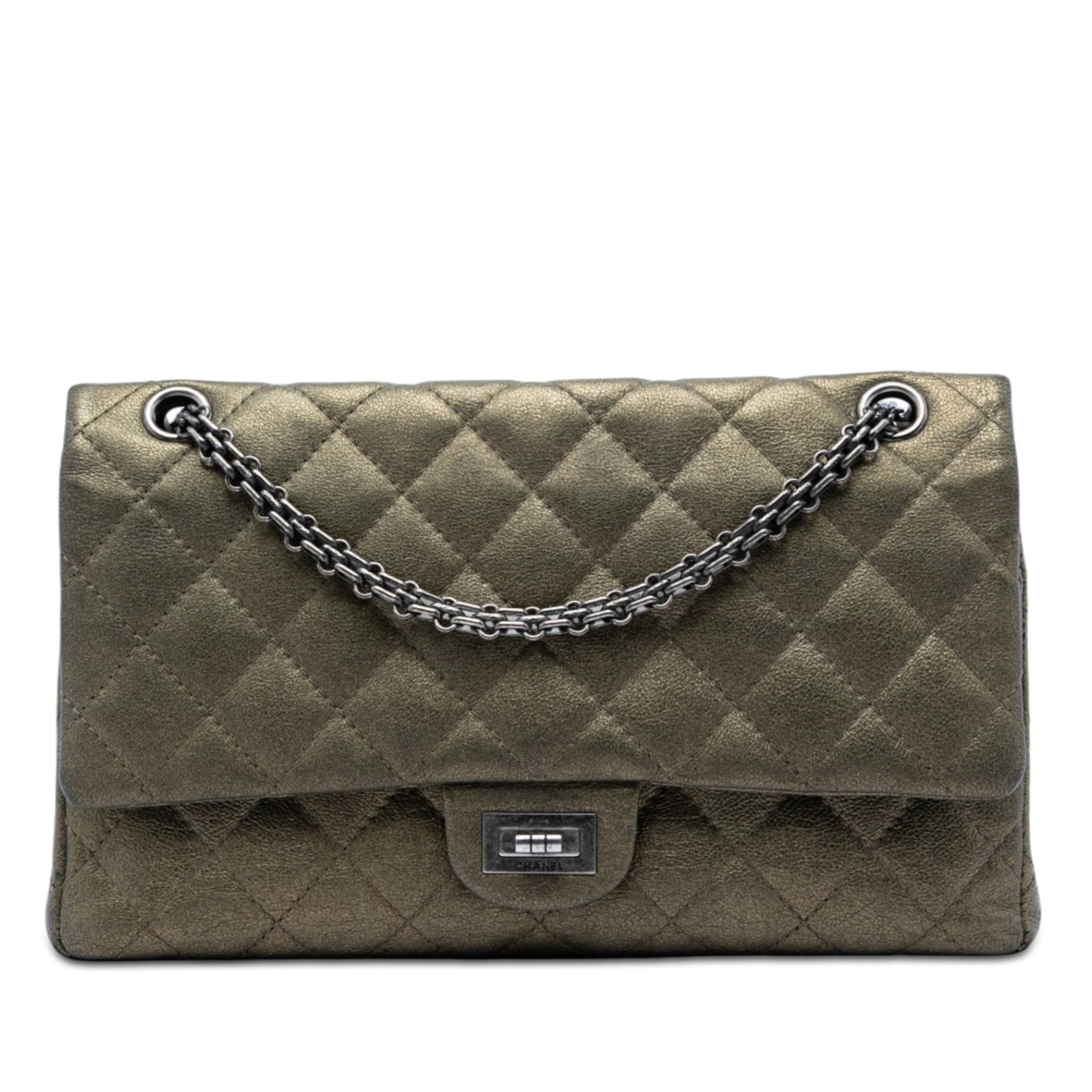 Chanel Reissue 2.55 226 Metallic Quilted Calfskin Double Flap Bag: Chanel Reissue 2.55 226 Metallic Quilted Calfskin Double Flap Bag Chanel Reissue 2.55 Double Flap 226 bag in brown aged calf leather with a quilted metallic finish. It features double front flaps with
