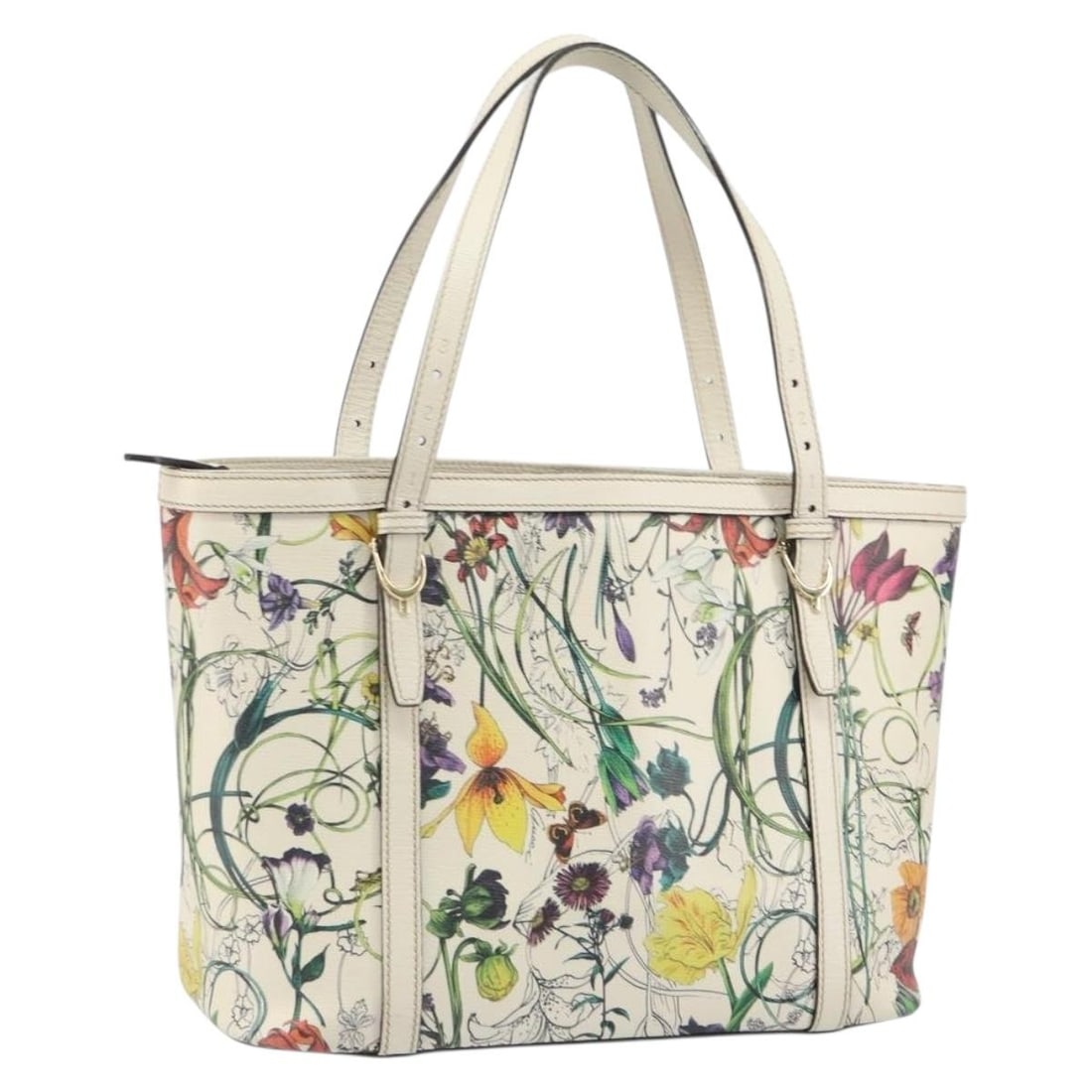 Gucci Flora White and Gold PVC Tote Bag Model 336776: Gucci Flora White and Gold PVC Tote Bag Model 336776 This GUCCI Flora tote bag features a white and gold PVC leather exterior, offering a modern and stylish look. The tote has a structured silhouette 