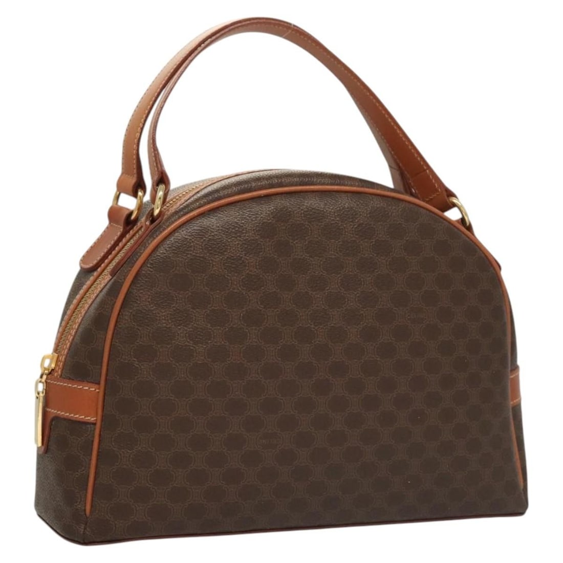 Celine Macadam Brown PVC Canvas Handbag with Gold Accents: Celine Macadam Brown PVC Canvas Handbag with Gold Accents This CELINE Macadam canvas hand bag features a brown and gold color scheme with PVC leather and signature Macadam canvas. Designed for women, 