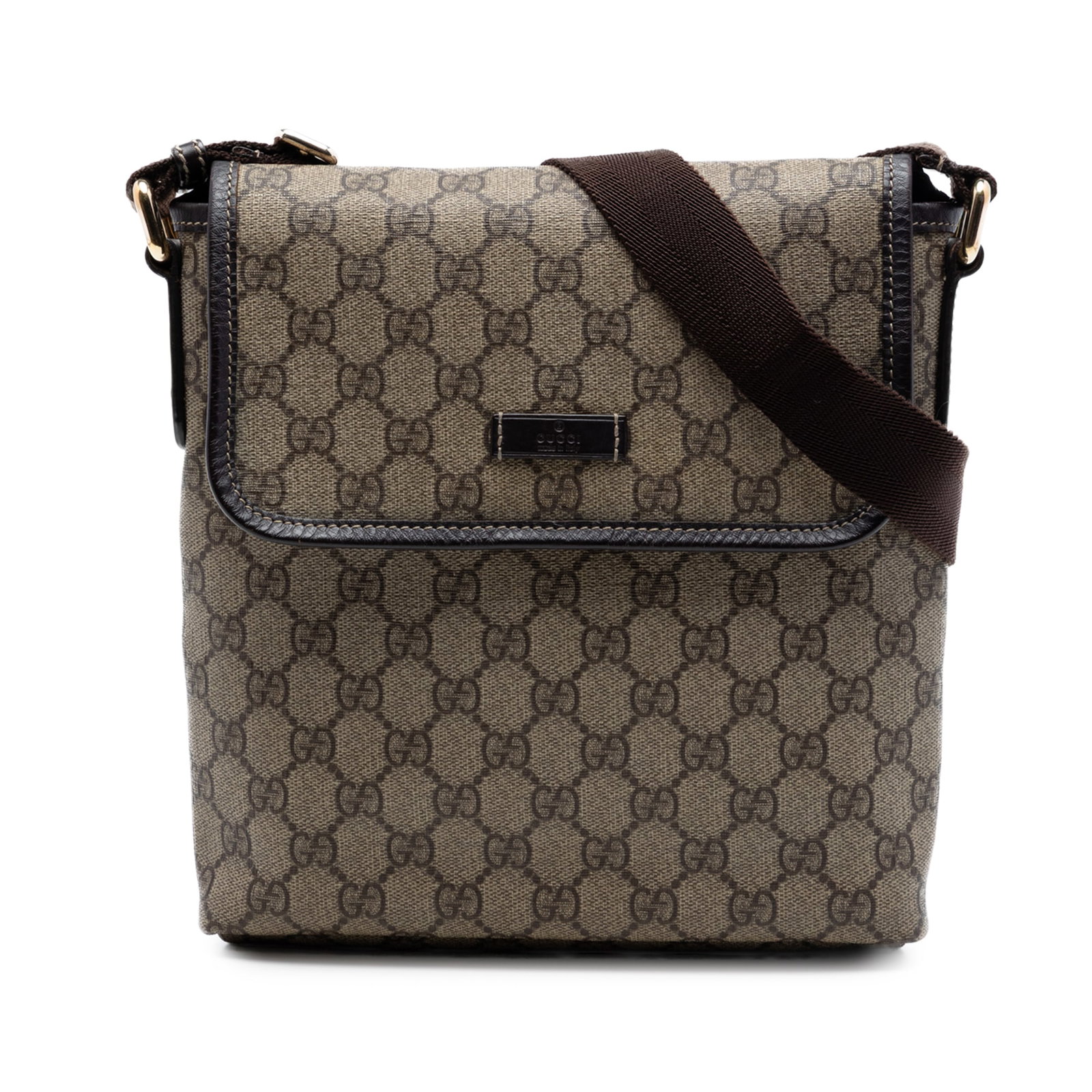 Gucci GG Supreme Beige Coated Canvas Crossbody Bag: Gucci GG Supreme Beige Coated Canvas Crossbody Bag Gucci GG Supreme Crossbody bag crafted with a coated canvas body and leather trim. It features an adjustable flat canvas strap, a front flap with mag