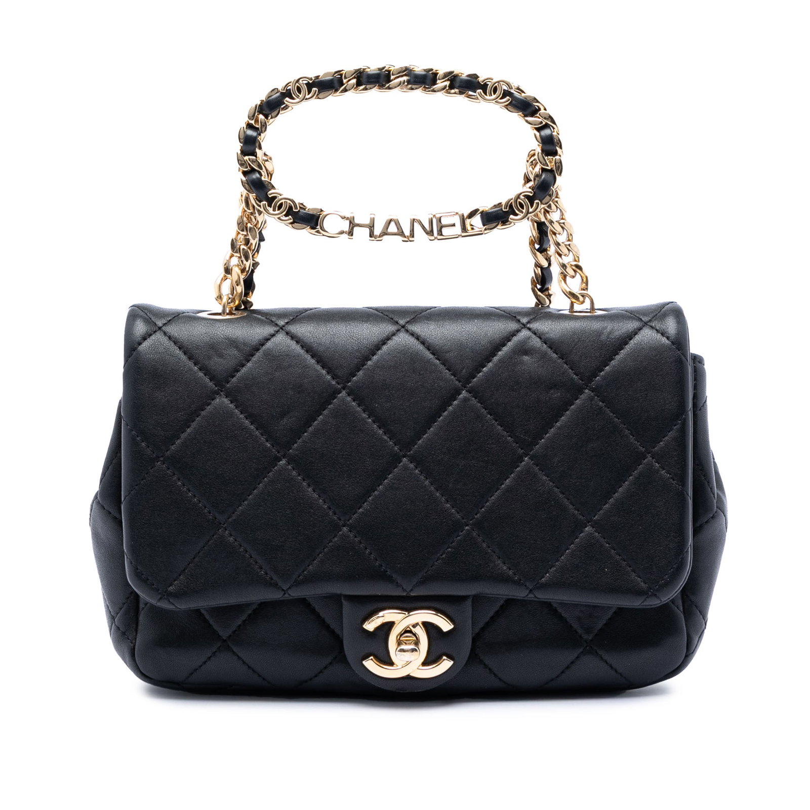 Chanel round top handle flap crossbody in black quilted lambskin: Chanel round top handle flap crossbody in black quilted lambskin A Chanel Small Quilted Lambskin Round Top Handle Flap in black lambskin leather. This bag features a quilted leather body, a round leat