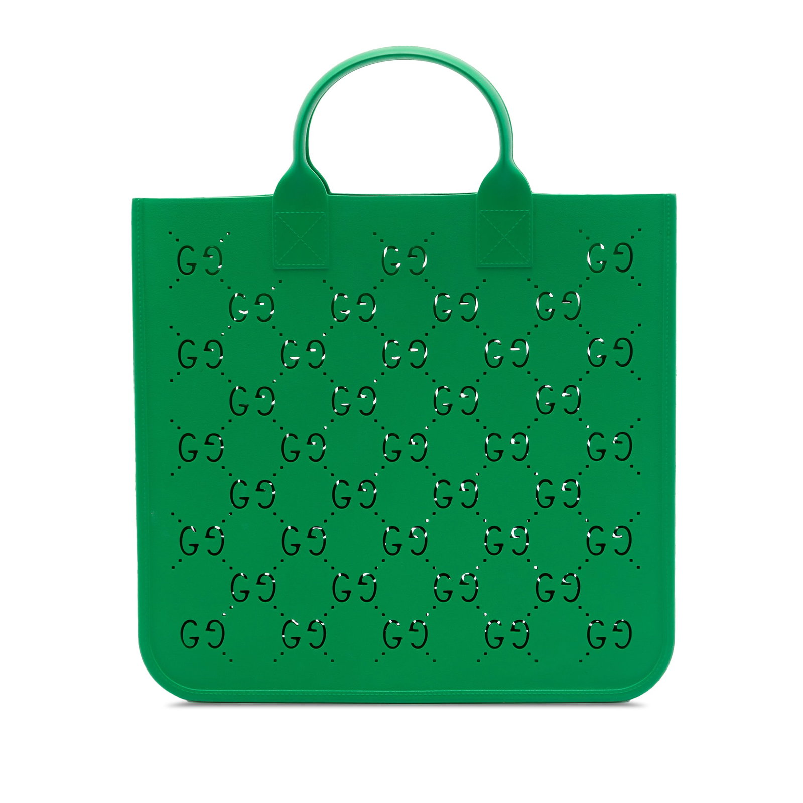 Green Rubber Tote Bag Gucci Kids GG from Italy: Green Rubber Tote Bag Gucci Kids GG from Italy Gucci Kids GG Rubber Tote from Italy, featuring a perforated rubber body, rolled handles, and an open top. The bag is green and made of fabric. Condition
