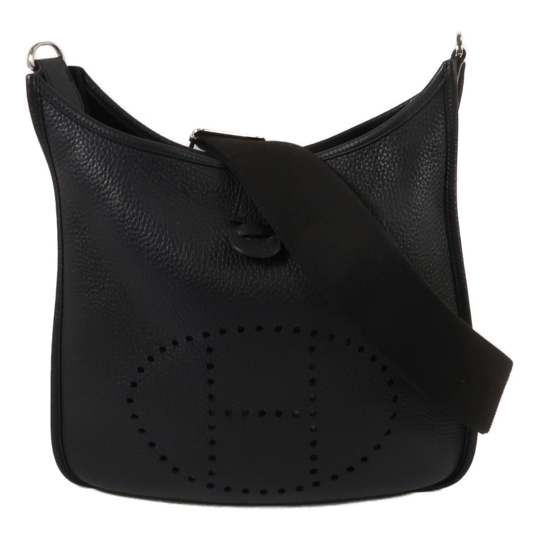 Hermes Evelyne PM Clemence Leather Shoulder Bag Noir PHW: Hermes Evelyne PM Clemence Leather Shoulder Bag Noir PHW Hermes Evelyne PM shoulder bag in Noir black, made from Taurillon Clemence and calfskin (cowhide). It features a hook button closure, one open 