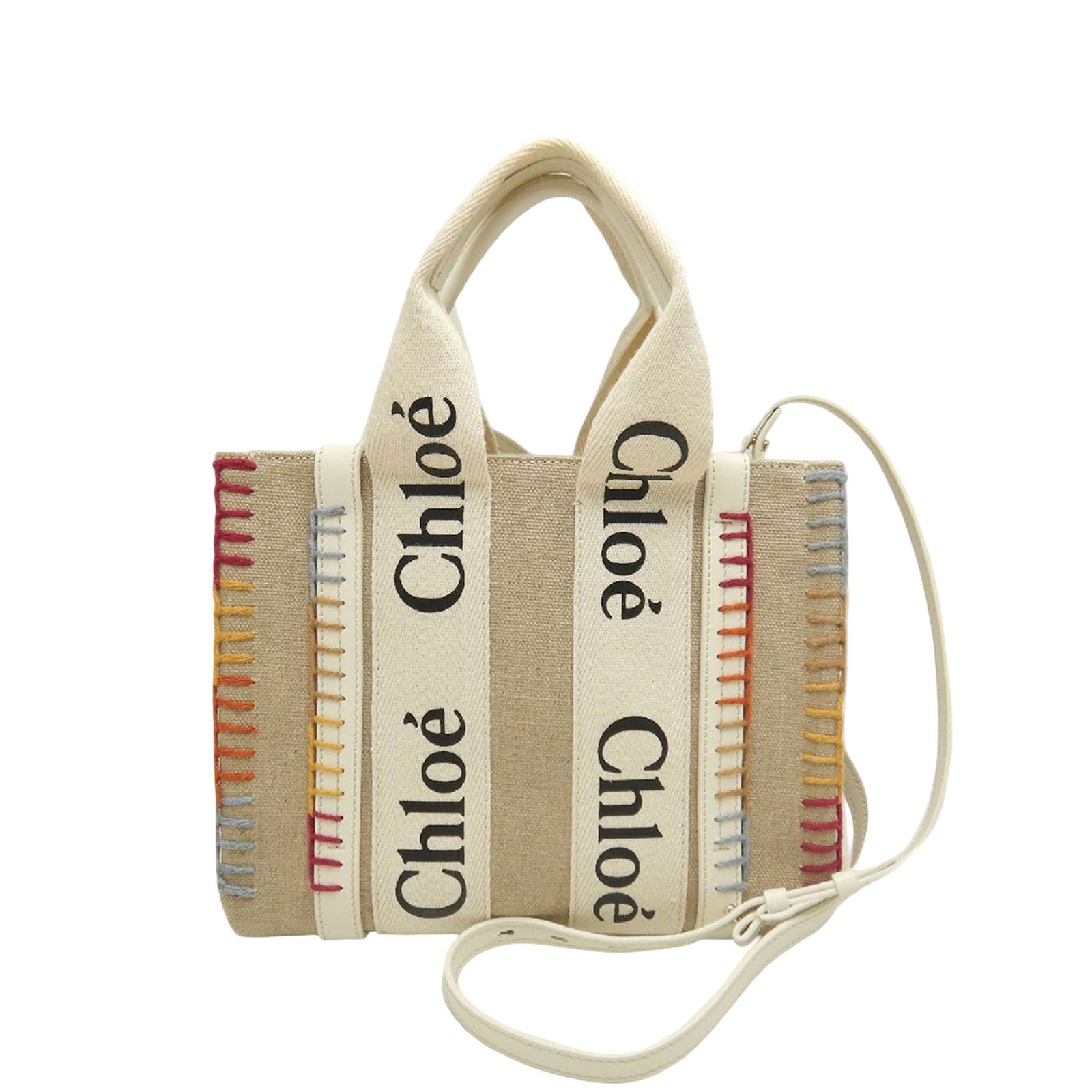 Chloe Woody Small Tote in Canvas with Leather Trim: Chloe Woody Small Tote in Canvas with Leather Trim This Chloe Woody satchel is crafted with a canvas body, leather trim, and edge stitch details. It features flat canvas handles with leather details, 