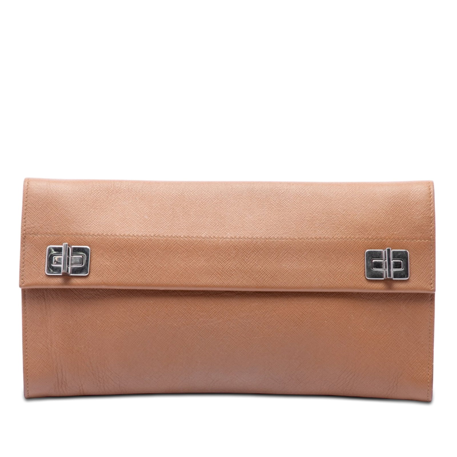 Prada Saffiano Leather Clutch with Flap Twist Lock: Prada Saffiano Leather Clutch with Flap Twist Lock Prada Saffiano Flap Clutch in brown leather with a front flap and twist lock closures. The interior includes zip and slip pockets. Condition is rated
