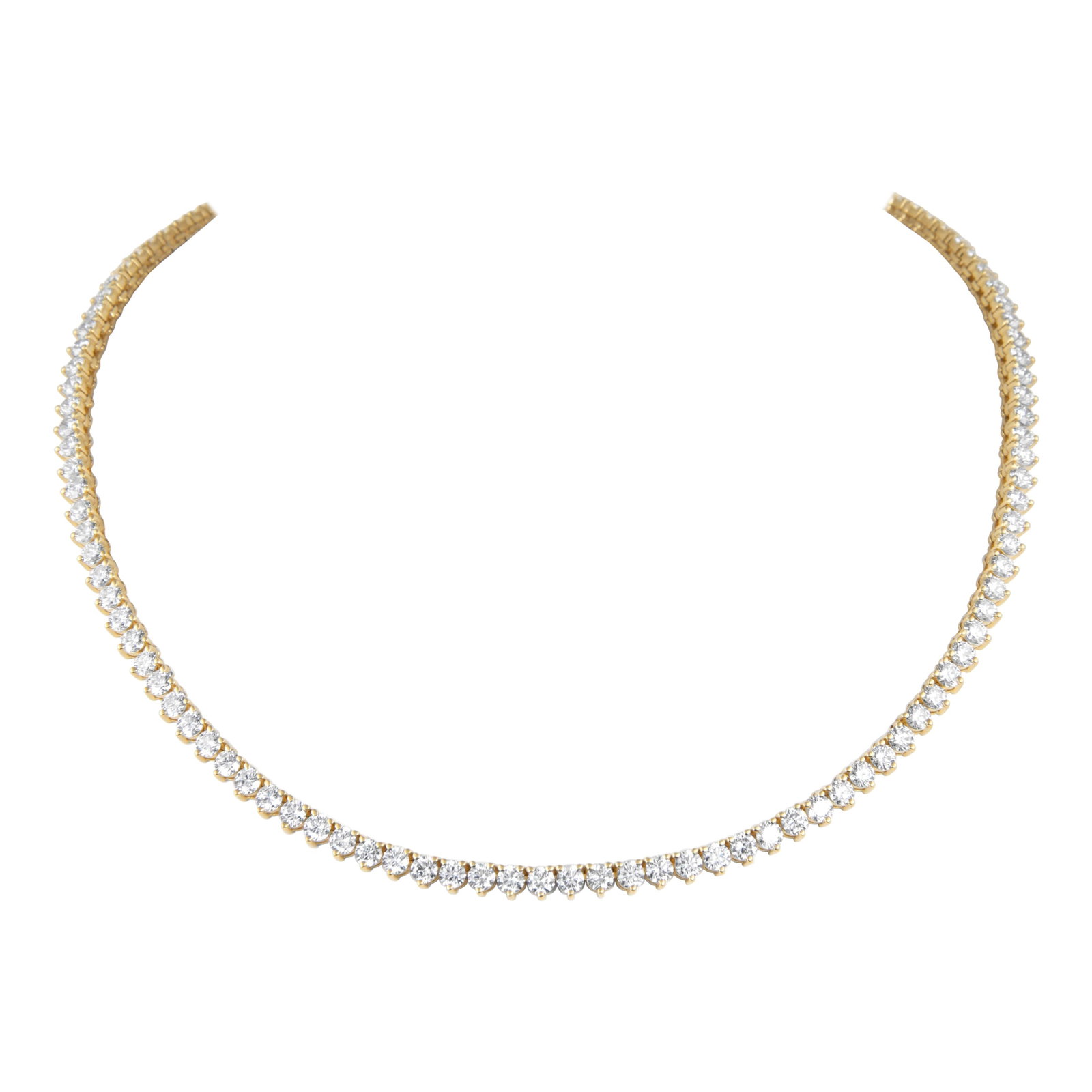 14.99ct Diamond Tennis Necklace 18k Yellow Gold 16in with Appraisal: 14.99ct Diamond Tennis Necklace 18k Yellow Gold 16in with Appraisal This stunning diamond tennis necklace features 119 round brilliant diamonds totaling 14.99 carats, set in luxurious 18k yellow gold.