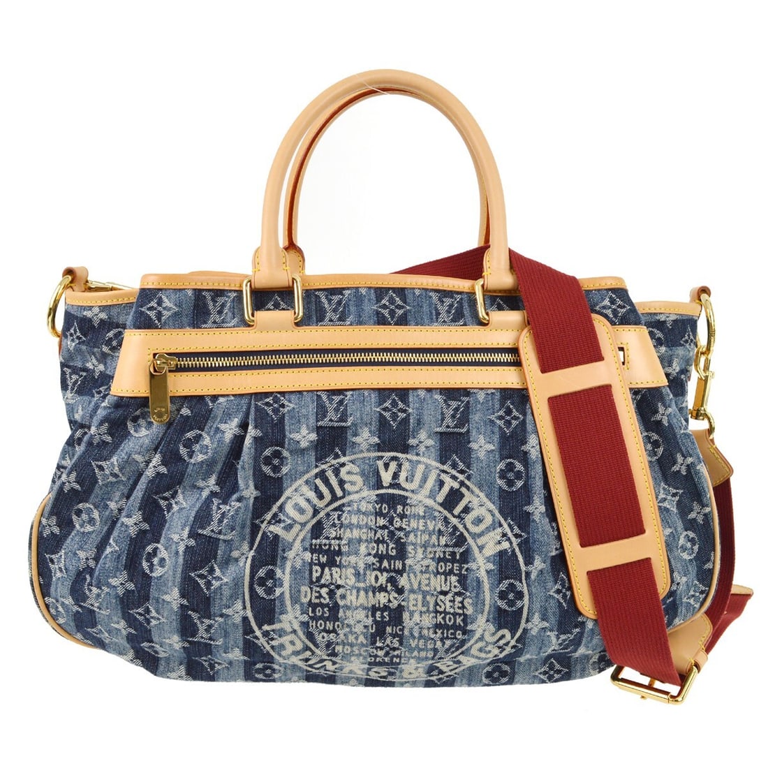 Louis Vuitton Cabas Raye GM Blue Monogram Denim Tote with Strap: Louis Vuitton Cabas Raye GM Blue Monogram Denim Tote with Strap Vintage Louis Vuitton Cabas Raye GM 2-way tote in blue Monogram denim with leather trim and beige Alcantara lining. This large tote feat