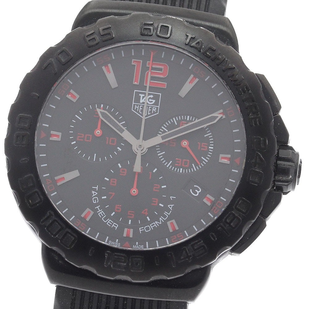 TAG Heuer Formula 1 Quartz Chronograph Date Mens Wristwatch CAU111A: TAG Heuer Formula 1 Quartz Chronograph Date Mens Wristwatch CAU111A This TAG Heuer Formula 1 CAU111A men's wristwatch features a stainless steel case paired with a black rubber strap. The watch is pow