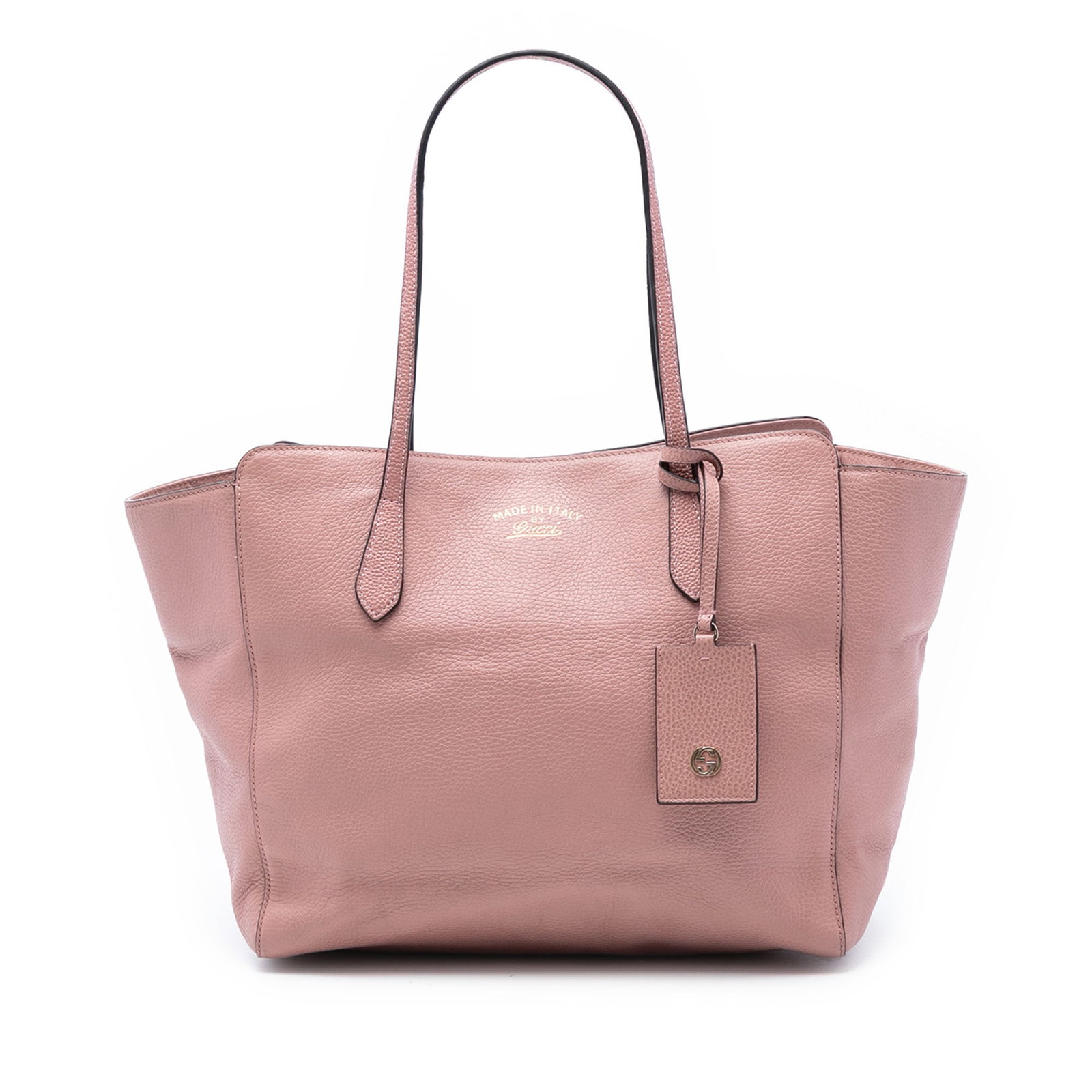 Pink Leather Medium Swing Tote by Gucci with Open Top: Pink Leather Medium Swing Tote by Gucci with Open Top This Gucci Medium Leather Swing Tote features a pink leather body with flat leather shoulder straps, an open top with a magnetic snap closure, and