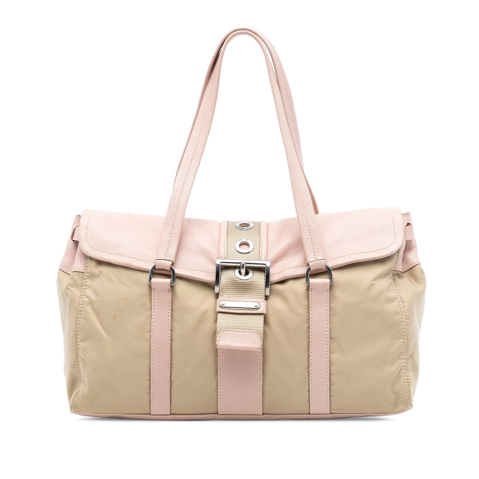 Prada Tessuto Beige Nylon Shoulder Bag with Leather Accents: Prada Tessuto Beige Nylon Shoulder Bag with Leather Accents This Prada shoulder bag features a beige nylon body with leather trim, flat leather straps, a front flap with buckle closure, and interior z