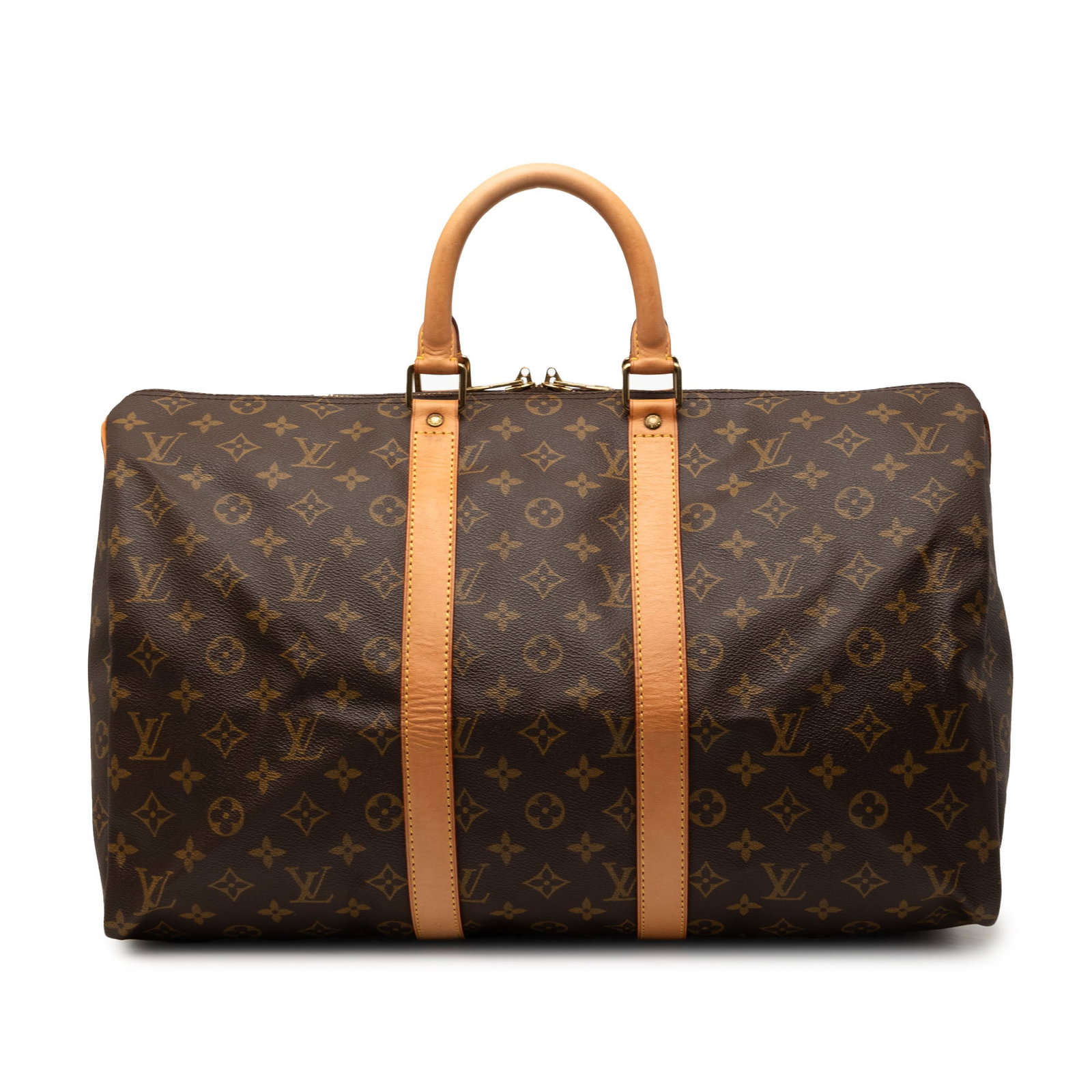 Louis Vuitton Keepall 45 Travel Bag Monogram Canvas and Leather Trim: Louis Vuitton Keepall 45 Travel Bag Monogram Canvas and Leather Trim The Louis Vuitton Monogram Keepall 45 features a monogram canvas body with vachetta leather trim, rolled leather handles, and a top