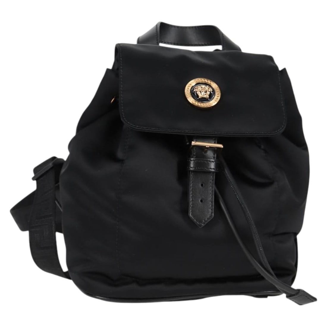 Versace nylon backpack in black with gold tone dust bag: Versace nylon backpack in black with gold tone dust bag Versace backpack in black and gold nylon, made in Italy. It comes with a dust bag and is described as being in pristine condition, with excellen
