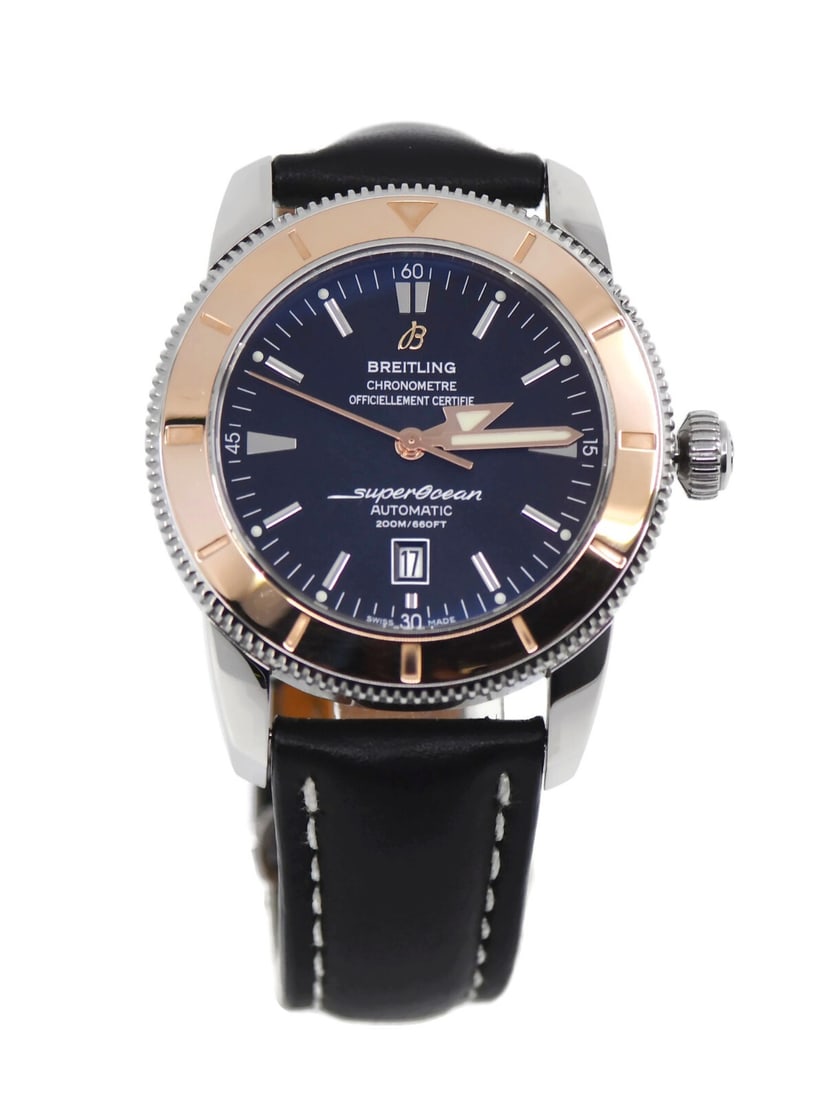 Breitling Superocean men's automatic wristwatch ref U17320 box papers: Breitling Superocean men's automatic wristwatch ref U17320 box papers Breitling Superocean men's wristwatch with a mechanical automatic movement, black dial, and leather band. The watch features a sta