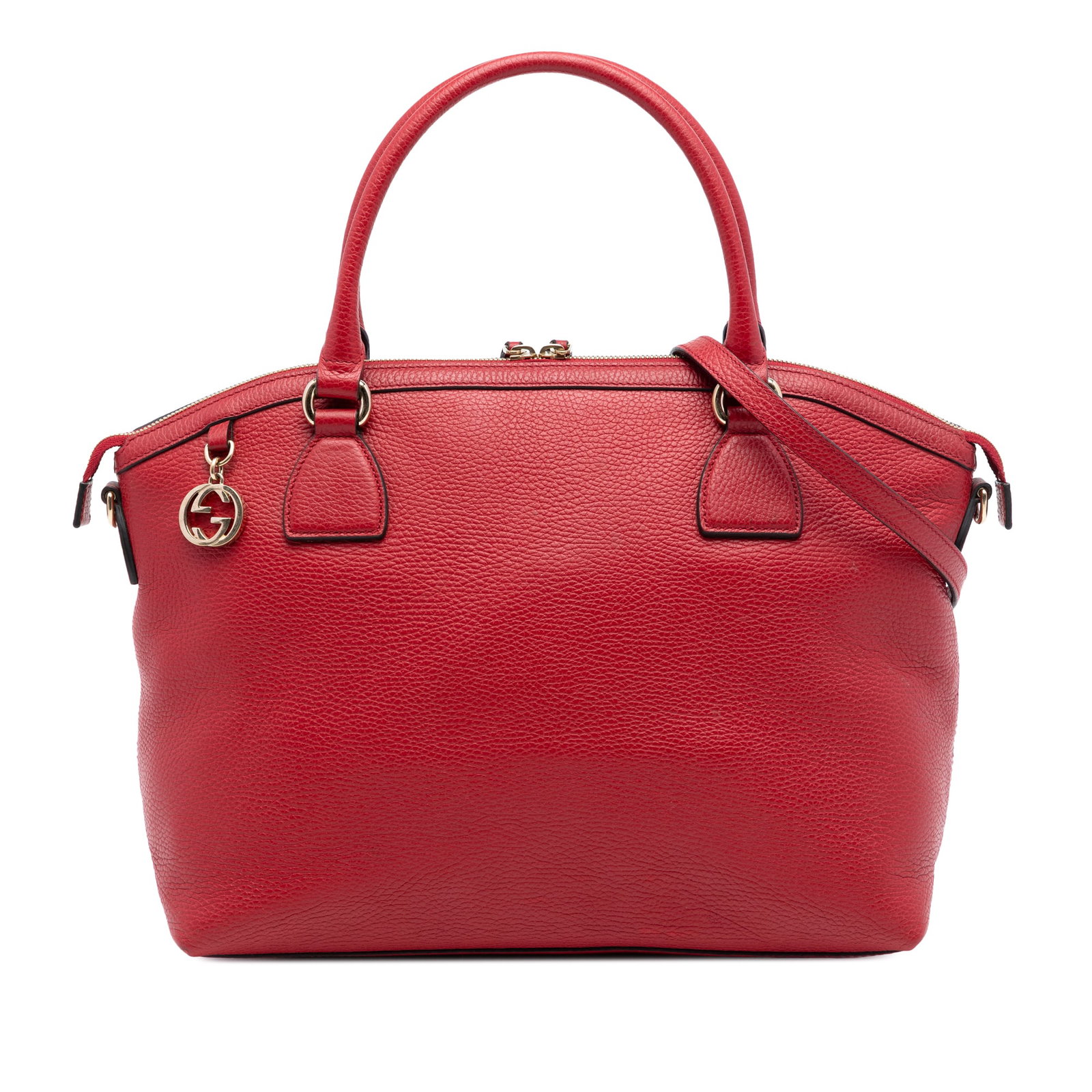 Red Leather Dome Satchel with GG Charm by Gucci: Red Leather Dome Satchel with GG Charm by Gucci This Gucci Large Dollar Calfskin GG Charm Dome Satchel is crafted from red leather and features rolled leather handles, an adjustable and detachable fla