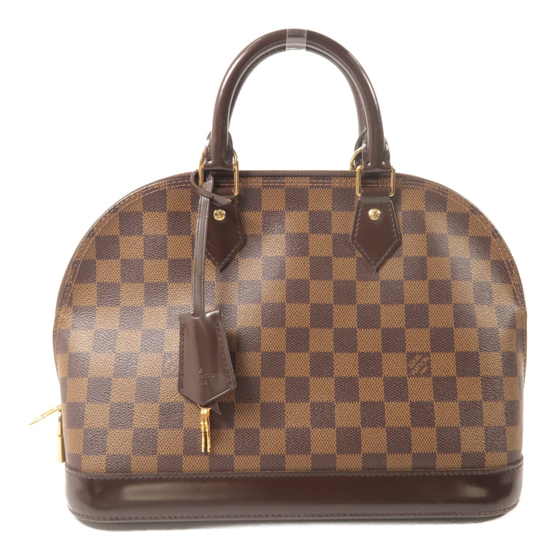 Louis Vuitton Alam PM N53151 Damier Ebene Brown Handbag: Louis Vuitton Alam PM N53151 Damier Ebene Brown Handbag Louis Vuitton Alam PM handbag in Damier Ebene brown with gold-tone hardware. It features a PVC coated canvas exterior, a fastener closure, and i
