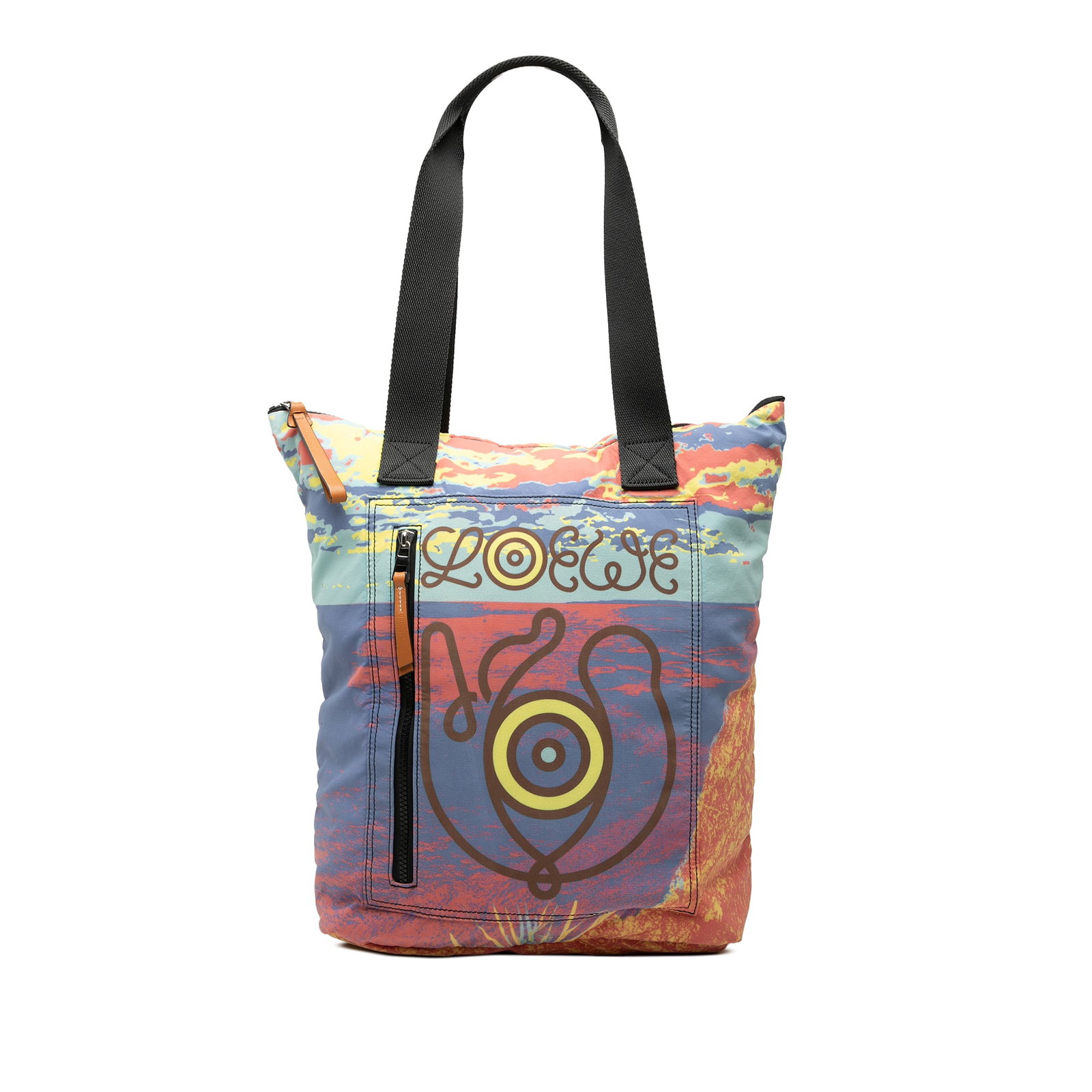LOEWE Eye Loewe Nature nylon zip tote: LOEWE Eye Loewe Nature nylon zip tote This LOEWE Printed Nylon Eye Loewe Nature Tote features a multicolor printed nylon body with two flat handles. It is designed with a top zip closure, an exterior 