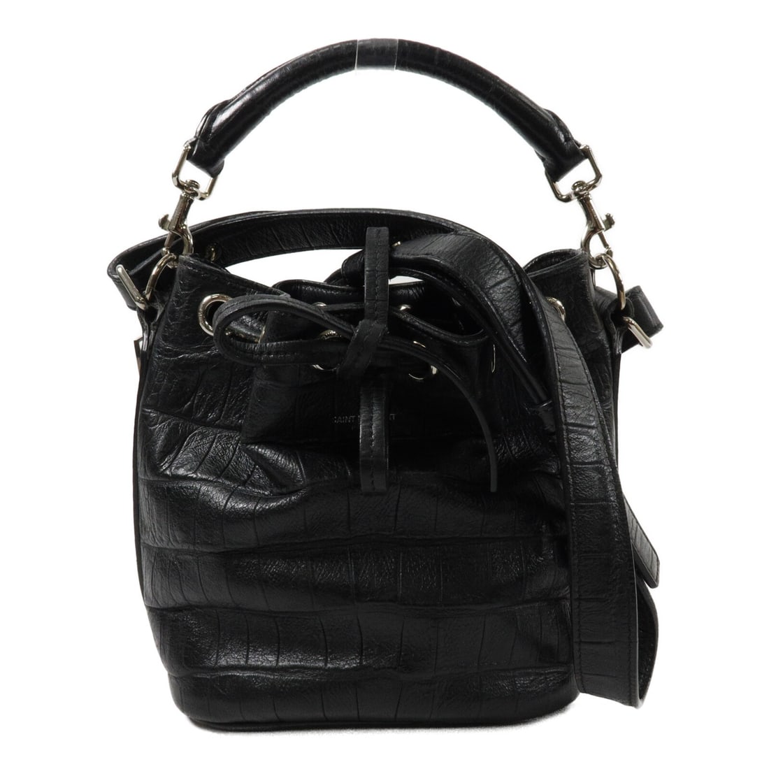 Saint Laurent Emmanuelle Small Bucket Bag Black Calfskin VLR340240: Saint Laurent Emmanuelle Small Bucket Bag Black Calfskin VLR340240 Saint Laurent YSL SHW Emmanuelle Small Bucket 2 Way Shoulder Bag in black calfskin (cowhide). It features a two-way design with a han