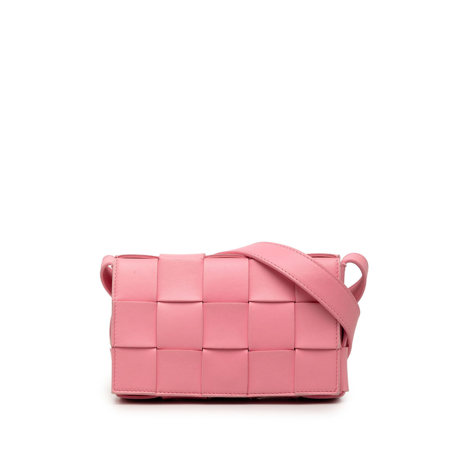 Bottega Veneta Cassette Small Intrecciato Nappa Leather Crossbody Bag: Bottega Veneta Cassette Small Intrecciato Nappa Leather Crossbody Bag A Bottega Veneta Small Nappa Intrecciato Cassette Crossbody bag in pink, crafted from woven nappa leather. It features a flat leat