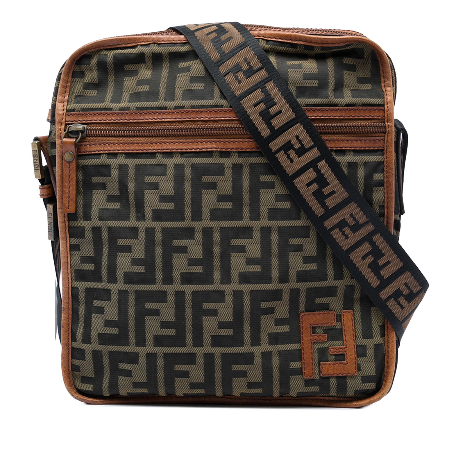 Fendi Zucca Black Canvas Crossbody Bag with Leather Trim: Fendi Zucca Black Canvas Crossbody Bag with Leather Trim Fendi Zucca Canvas Crossbody bag in black, made with a canvas body and leather trim. It features an adjustable flat strap, top zip closure, a f