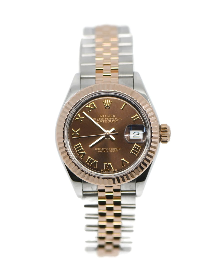 Rolex Datejust 279171 women's wristwatch 18K and stainless steel: Rolex Datejust 279171 women's wristwatch 18K and stainless steel Pre-owned Rolex Datejust wristwatch in 18K and stainless steel with a round case, fluted bezel, and brown analog dial. This automatic w