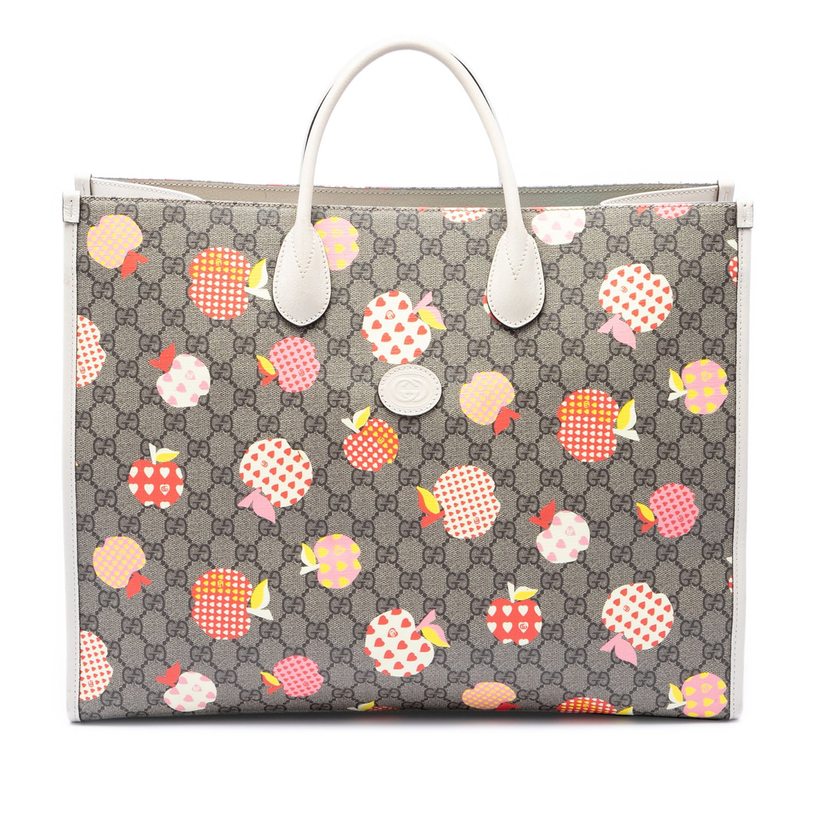 Gucci Les Pommes GG Supreme Tote with Apple Heart Motif: Gucci Les Pommes GG Supreme Tote with Apple Heart Motif This Gucci Large GG Supreme Les Pommes Apple and Heart Interlocking G Tote features a coated canvas body with leather trim, rolled leather handl