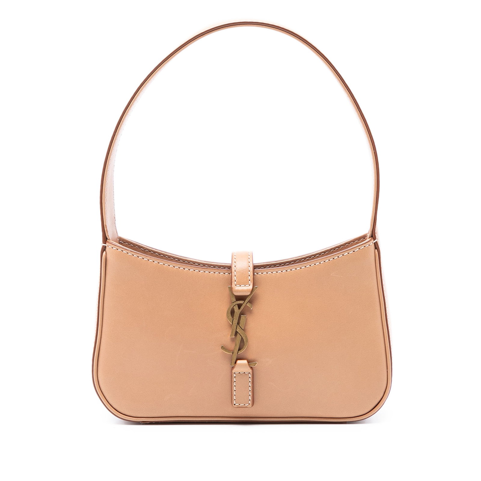 Mini Le 5 a 7 Brown Leather Shoulder Bag by Saint Laurent: Mini Le 5 a 7 Brown Leather Shoulder Bag by Saint Laurent This Saint Laurent Mini Smooth Calfskin Le 5 a 7 shoulder bag features a brown leather body with a flat leather shoulder strap and an open top