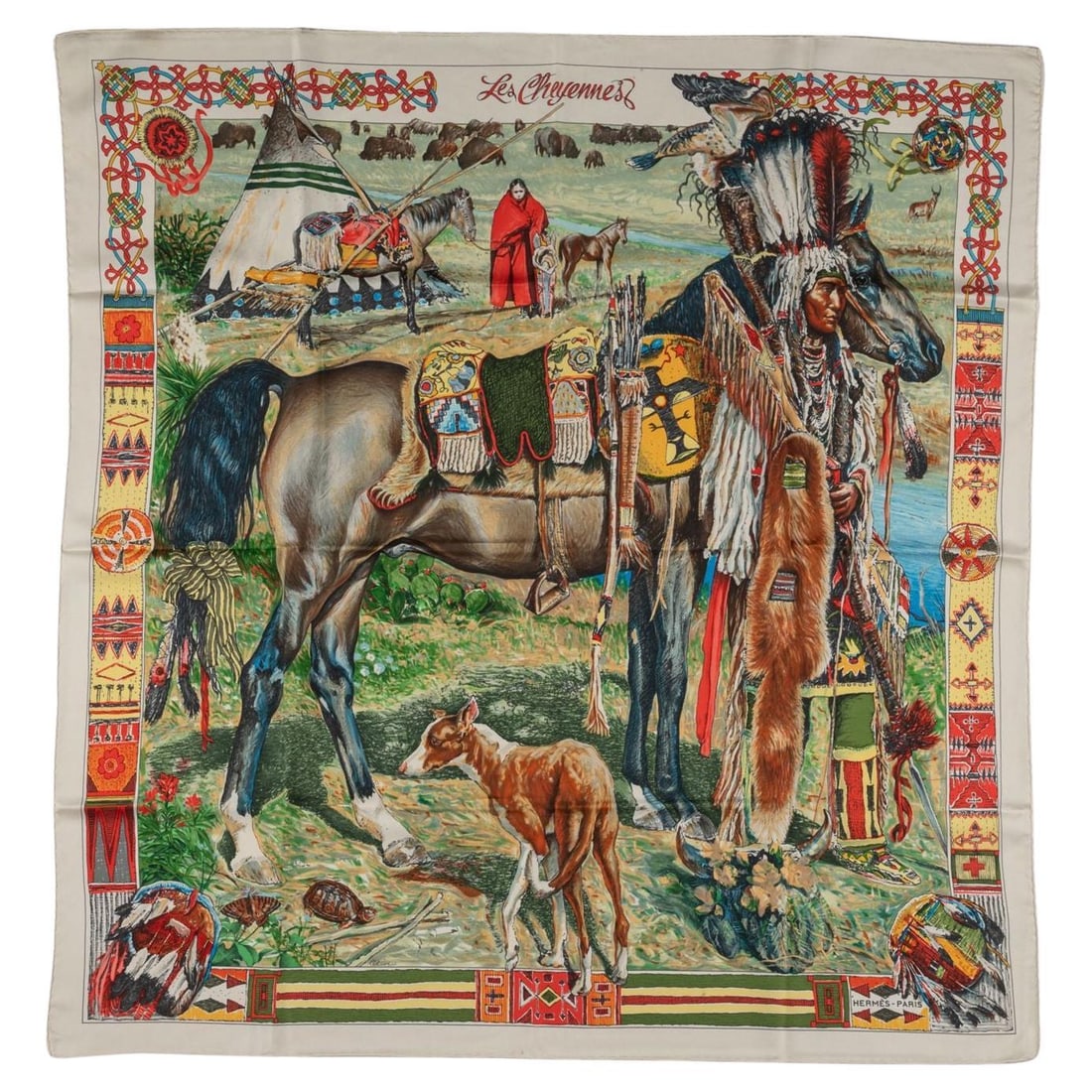 Hermes Les Cheyennes 35in Cream Silk Scarf France: Hermes Les Cheyennes 35in Cream Silk Scarf France Elevate your accessory collection with this exquisite Hermes "Les Cheyennes" Cream Silk Scarf. Crafted in France, this luxurious scarf features a stun