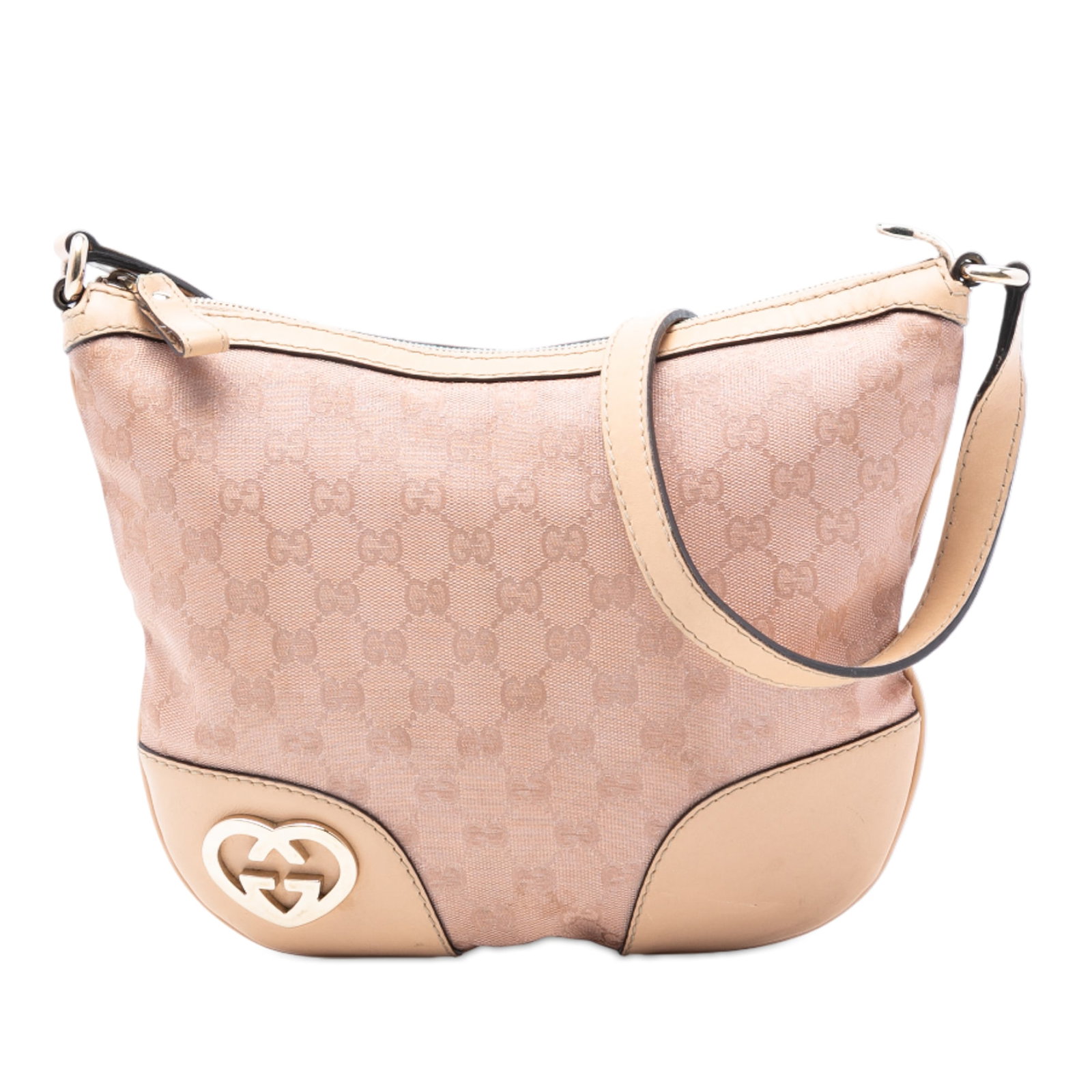 Pink GG Canvas Lovely Crossbody Bag with Leather Trim by Gucci: Pink GG Canvas Lovely Crossbody Bag with Leather Trim by Gucci This Gucci GG Canvas Lovely Crossbody bag features a canvas body with leather trim, a flat leather strap, a top zip closure, and interior