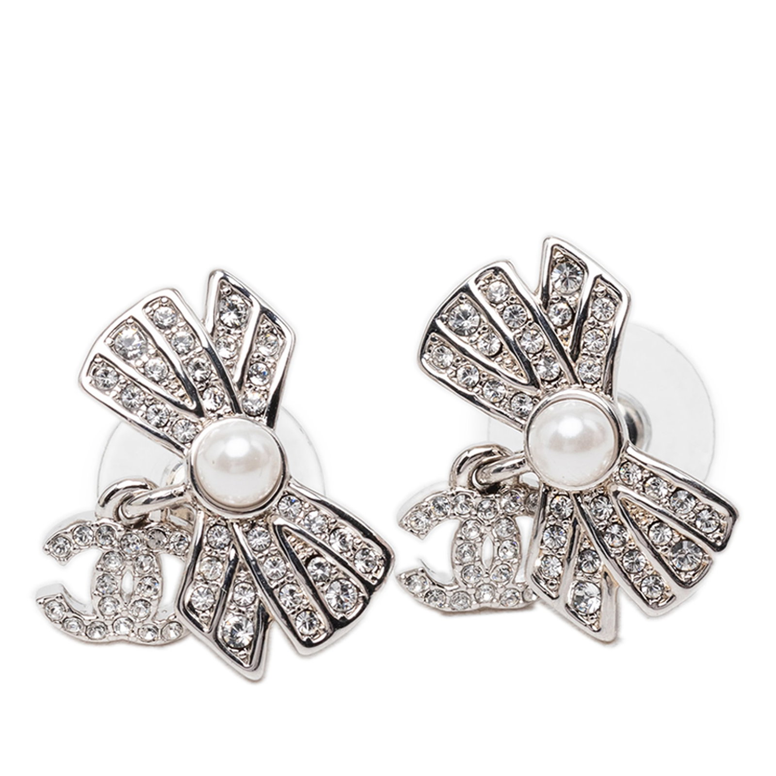 Chanel Bow CC Drop Earrings Silver Tone Metal Faux Pearl Strass (1 of 4)
