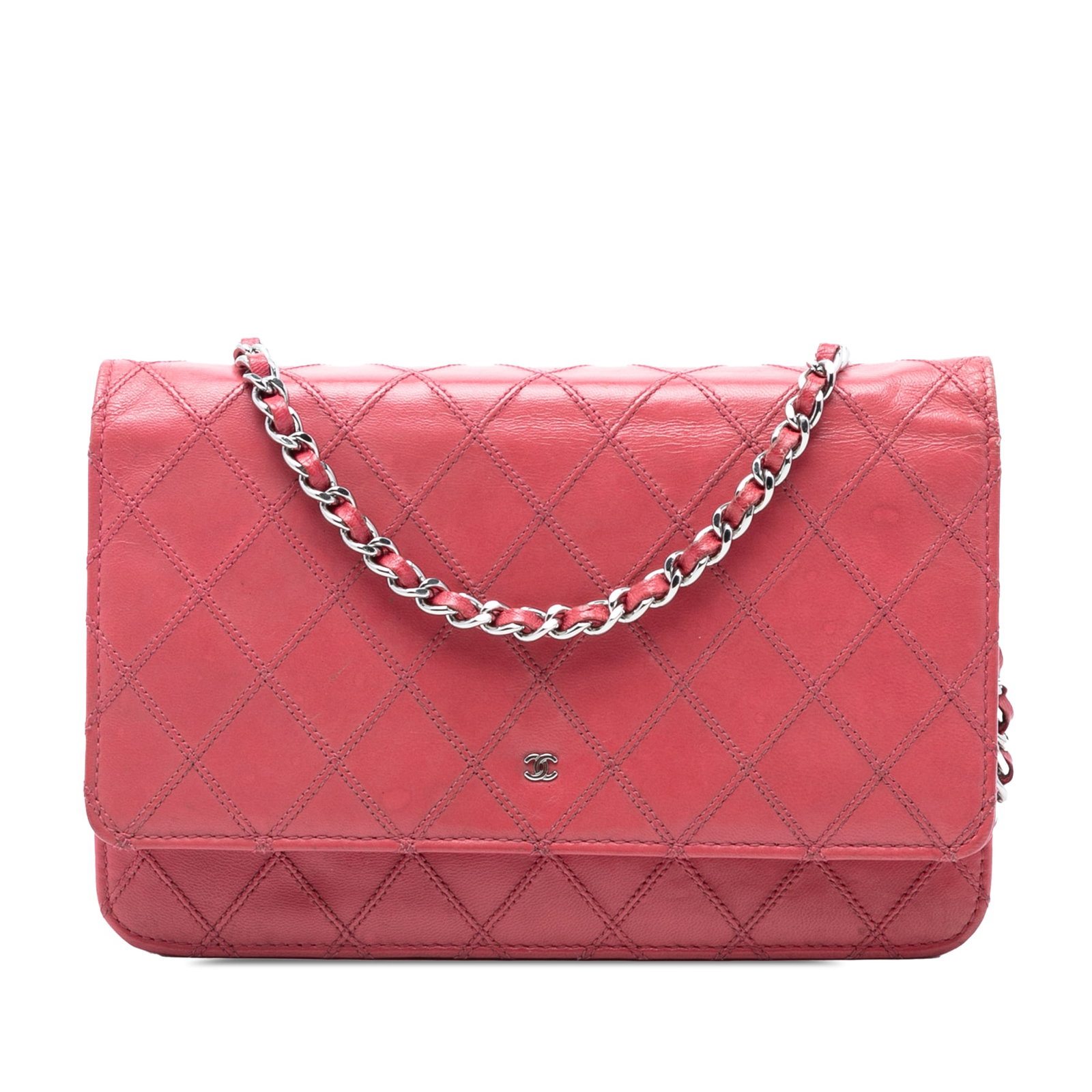 Chanel Wild Stitch Pink Lambskin Wallet on Chain with Woven Strap: Chanel Wild Stitch Pink Lambskin Wallet on Chain with Woven Strap This Chanel CC Lambskin Wild Stitch Wallet on Chain features a pink lambskin leather body with distinctive double stitching details. I