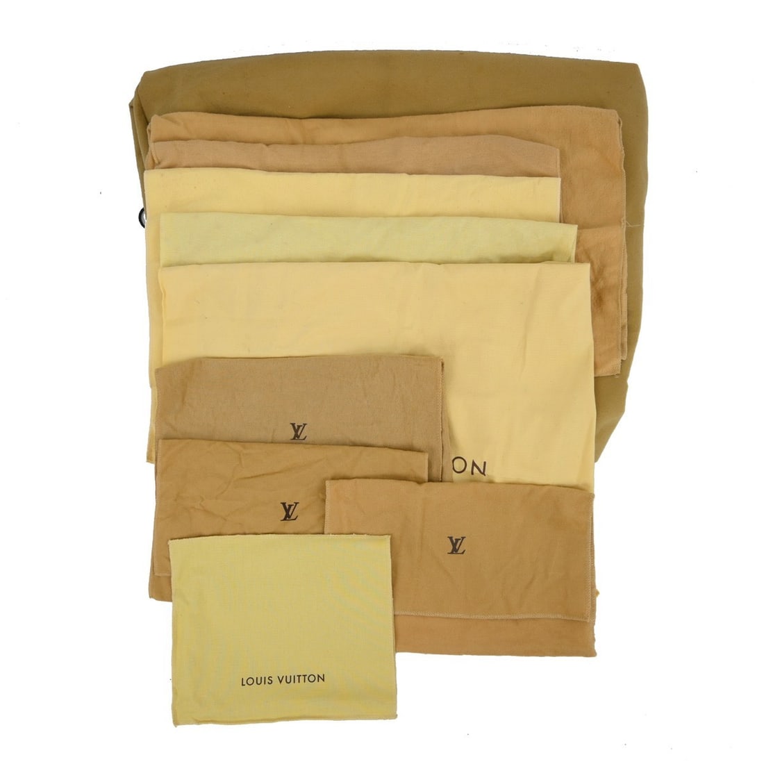 Set of 10 Louis Vuitton Cotton Dust Bags Brown Beige: Set of 10 Louis Vuitton Cotton Dust Bags Brown Beige Set of 10 Louis Vuitton dust bags in brown and beige 100% cotton. These unisex dustbags show overall signs of use with reasonable wear and tear. Va
