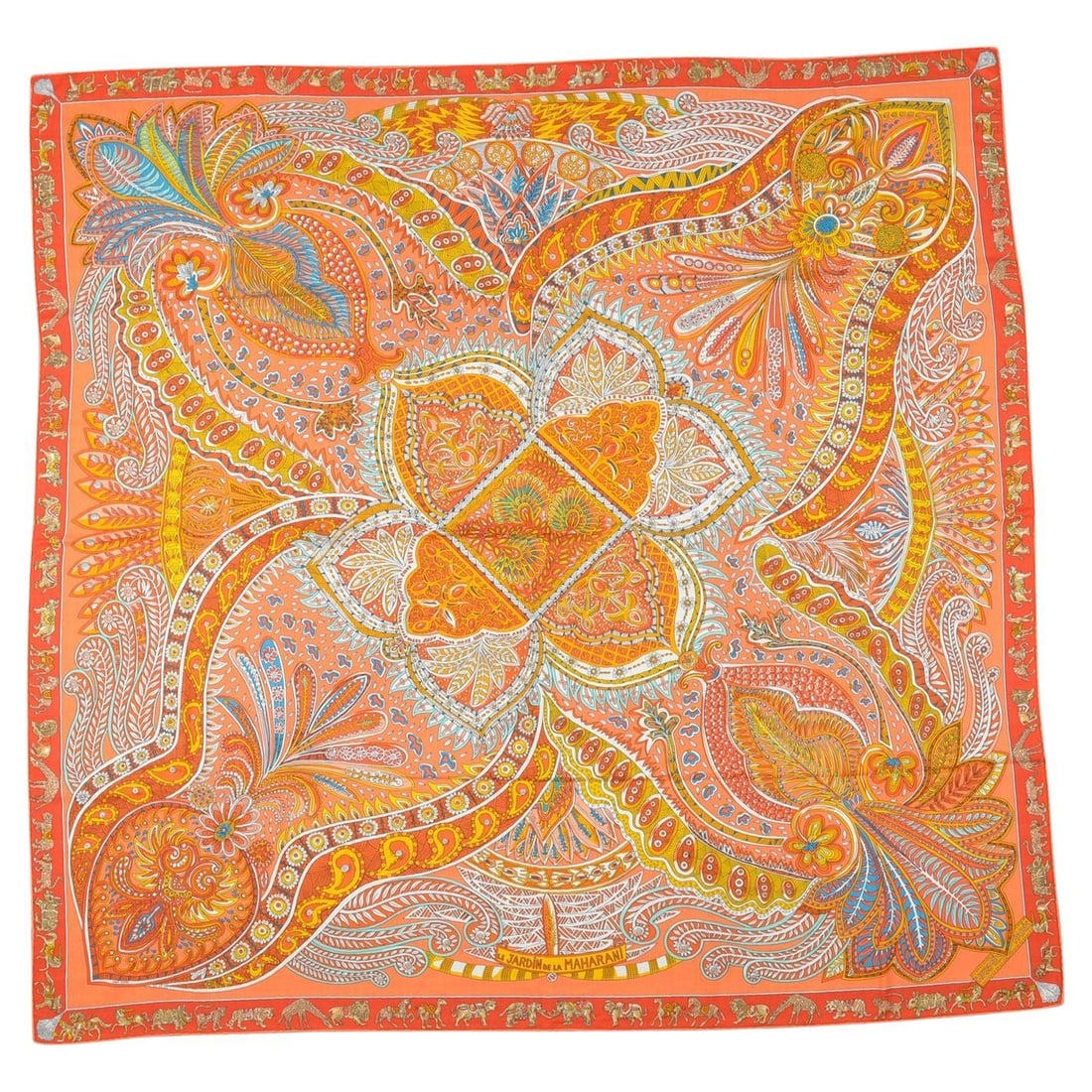 Hermes silk scarf Le Jardin de la Maharani 34 in square: Hermes silk scarf Le Jardin de la Maharani 34 in square This Hermes "Le Jardin de la Maharani" scarf features an ornate paisley print in pink, blue, yellow, and white on an orange silk background, com