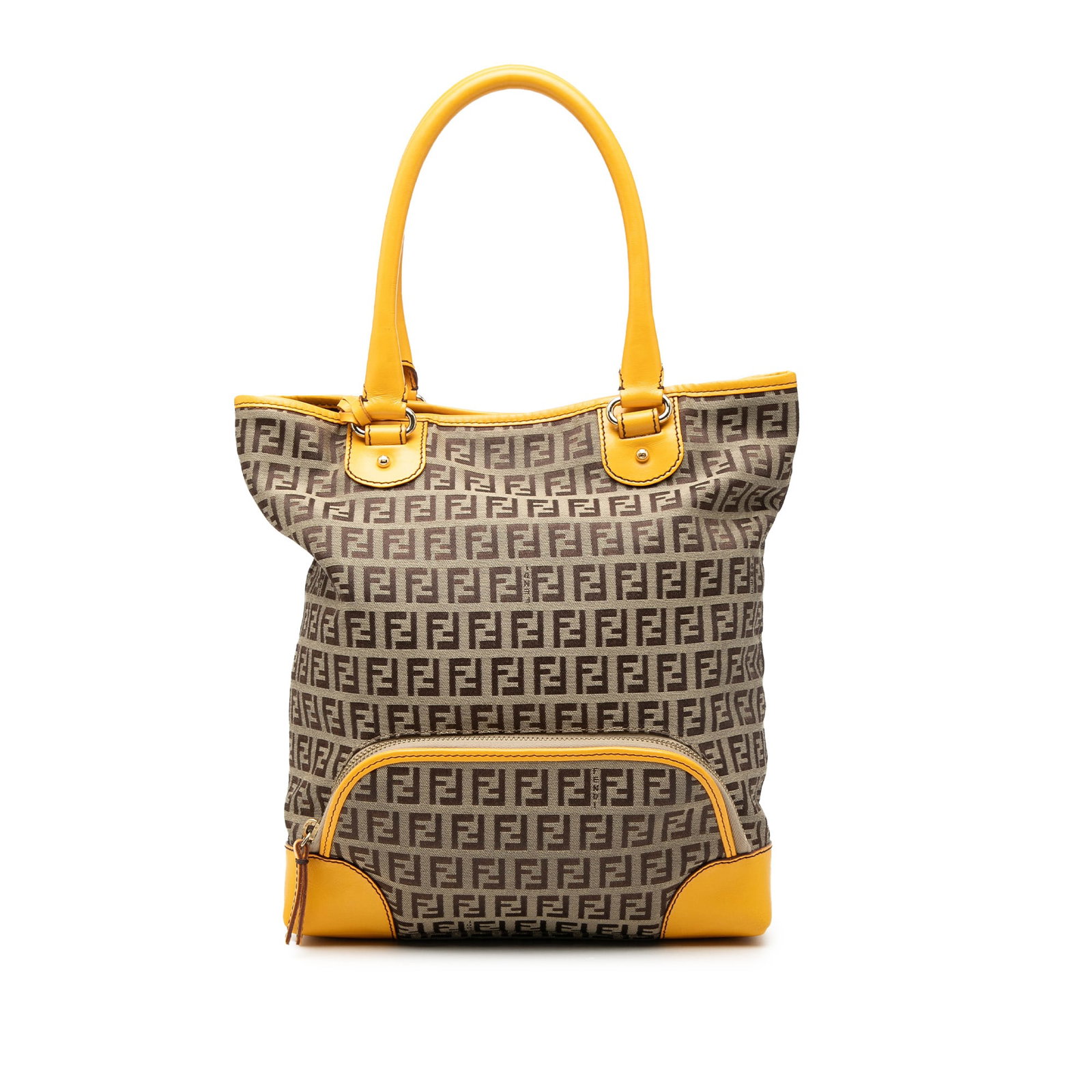 Fendi Zucchino Canvas Tote Bag with Front Zip Pocket: Fendi Zucchino Canvas Tote Bag with Front Zip Pocket The Fendi Zucchino Canvas Chef Front Pocket Shopping Tote features a durable canvas body with leather trim, rolled leather handles, an open top wit