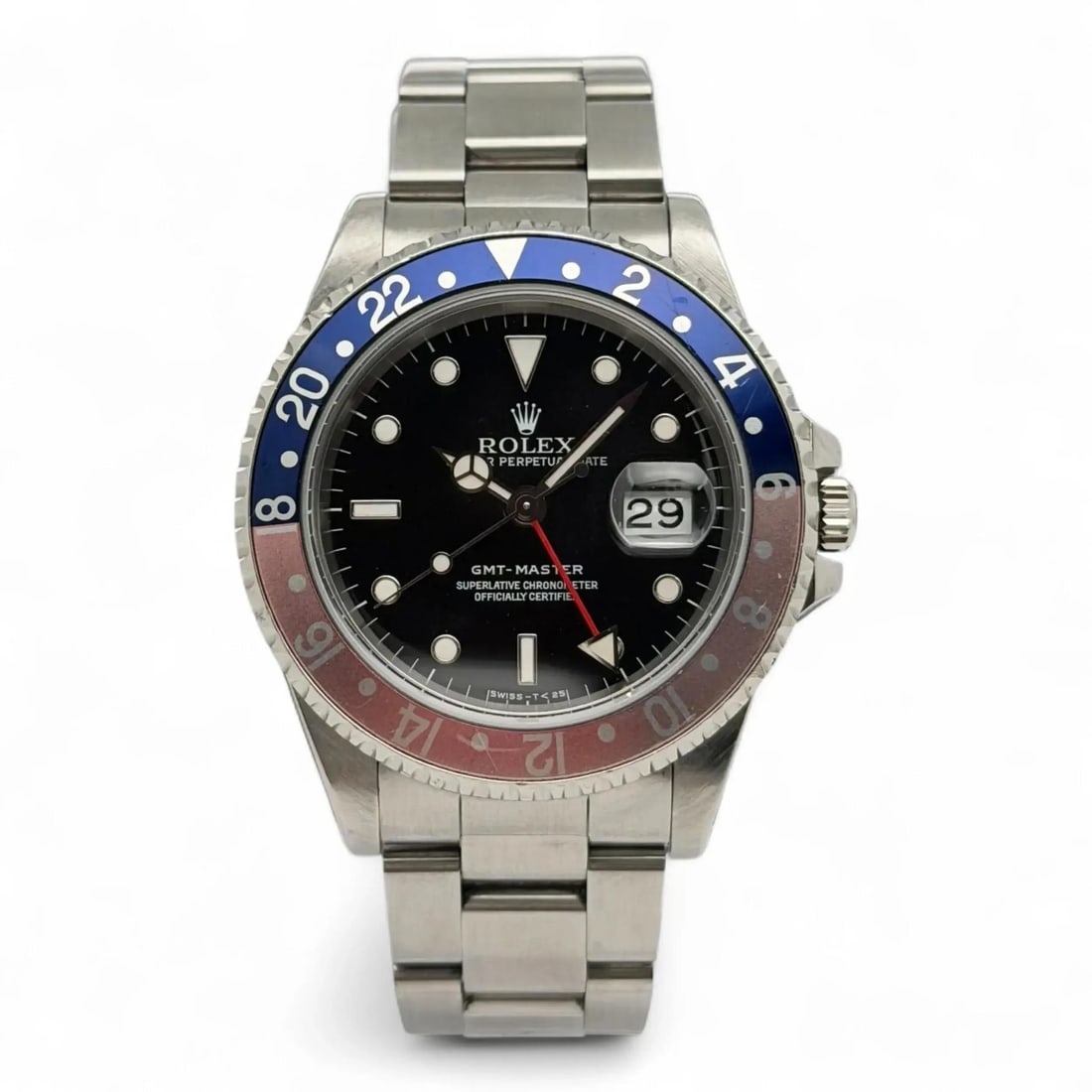 Rolex GMT-Master 16700 Stainless Steel Black Dial Pepsi Bezel Automatic Watch: Rolex GMT-Master 16700 Stainless Steel Black Dial Pepsi Bezel Automatic Watch This Rolex GMT-Master 16700 is a luxury men's wristwatch featuring a black analog dial with round indexes and a distinctiv