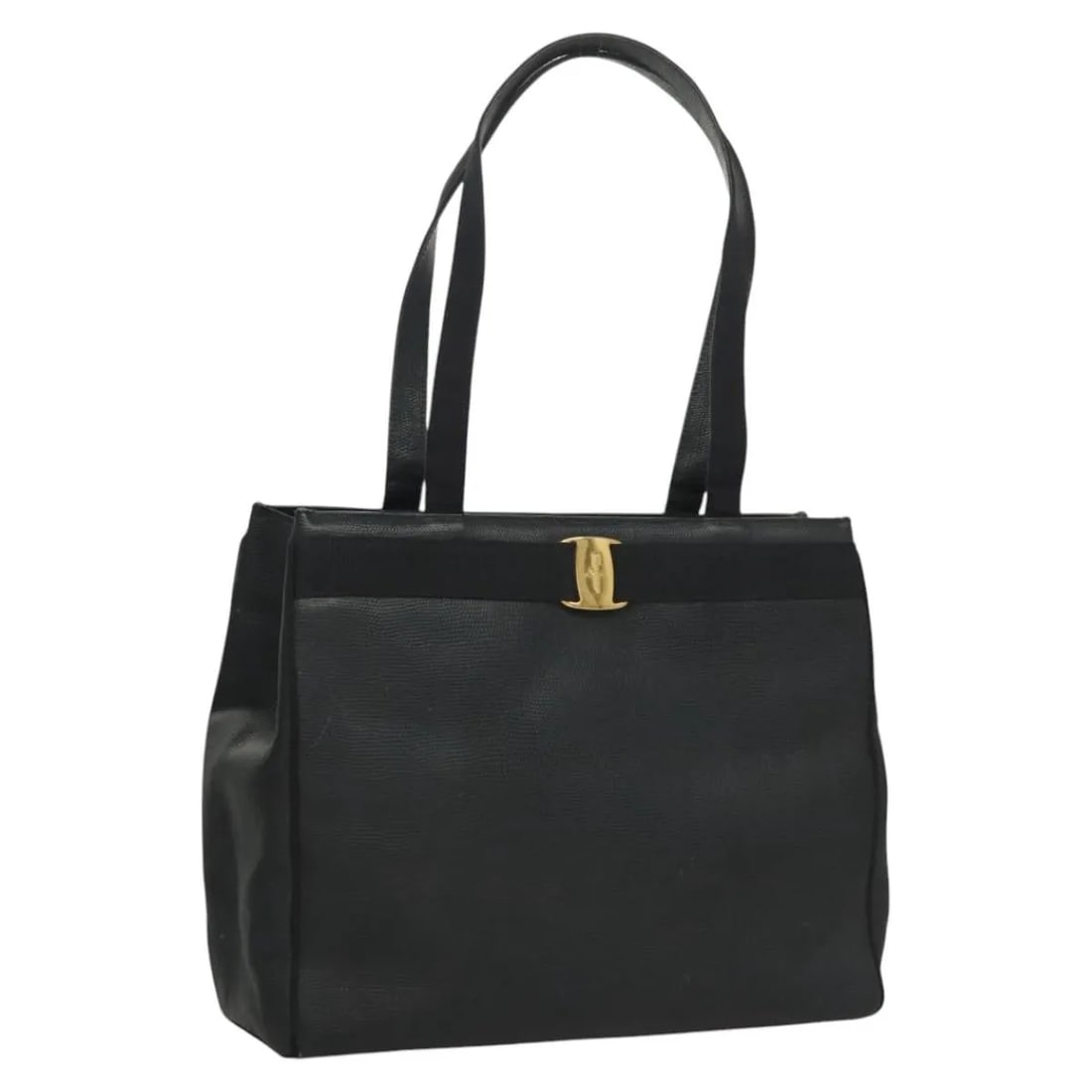 Salvatore Ferragamo Vara Bow Vintage Tote Navy Leather: Salvatore Ferragamo Vara Bow Vintage Tote Navy Leather Vintage Salvatore Ferragamo Vara Bow Tote in navy leather with a lizard embossed finish. This unisex tote is made in Italy and measures 34 cm x 2
