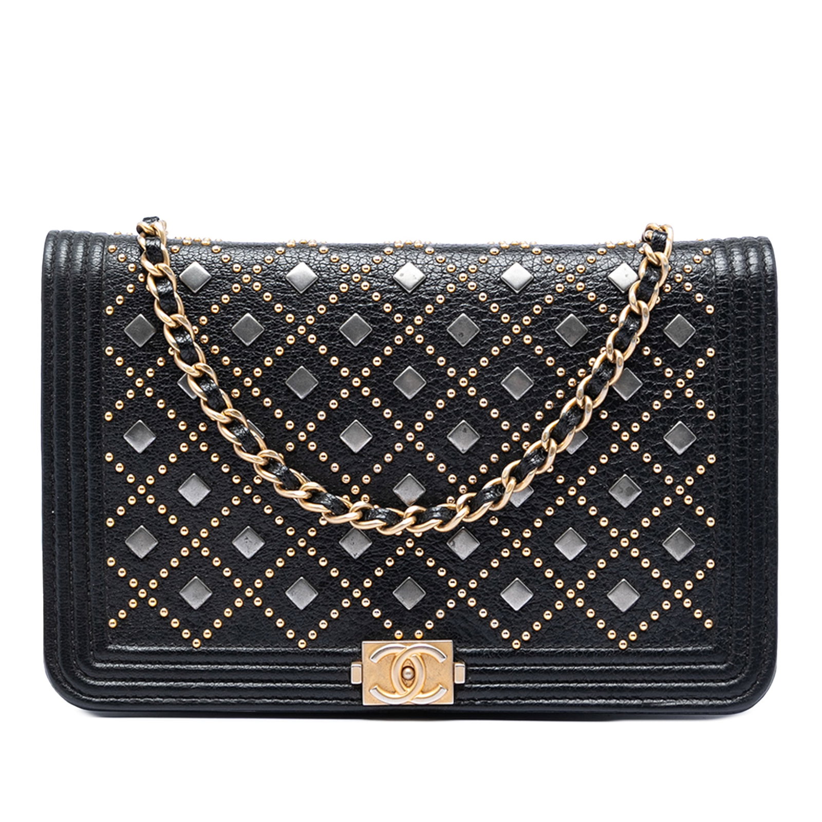 Chanel Boy Wallet On Chain Studded Grained Calfskin Bag Black: Chanel Boy Wallet On Chain Studded Grained Calfskin Bag Black This Chanel Wallet On Chain crossbody bag is crafted from grained calfskin leather in black and features studded detailing, a leather-wove
