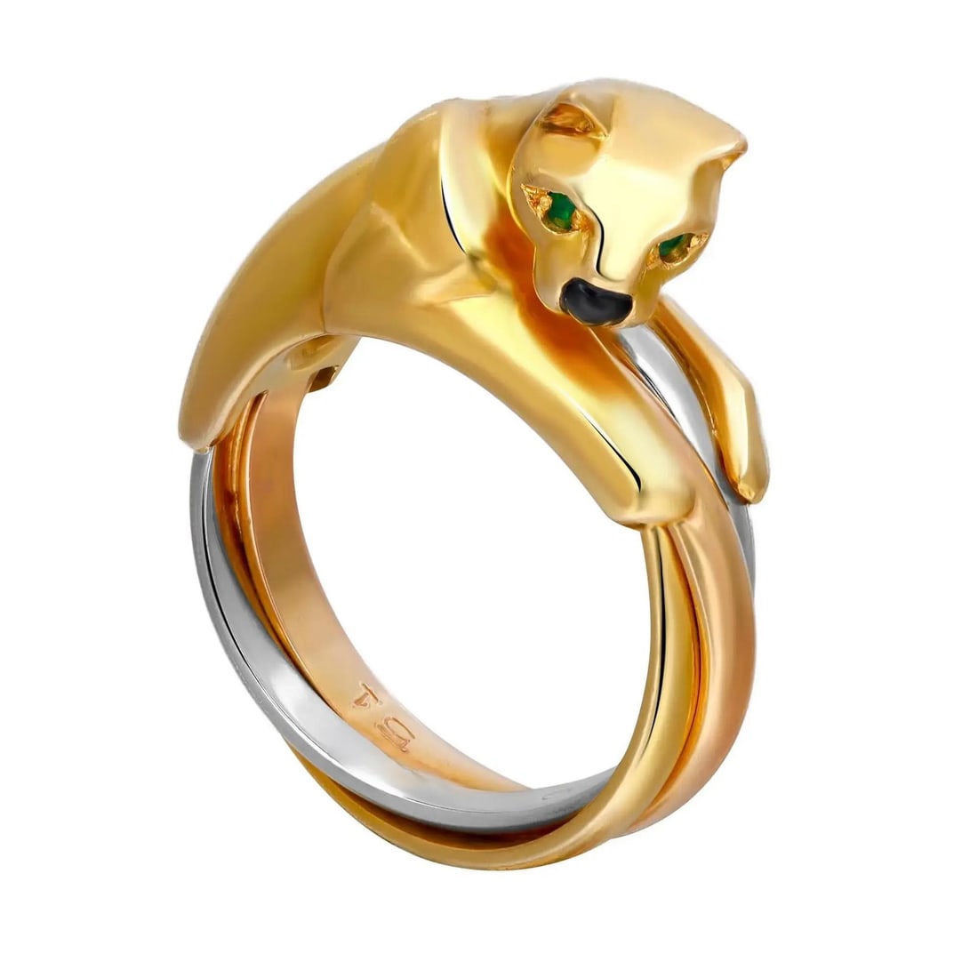 Cartier Tri Tone Panthere Emerald Onyx Ring 18K Gold Size 51 US 5.5: Cartier Tri Tone Panthere Emerald Onyx Ring 18K Gold Size 51 US 5.5 Discover the elegance of this stunning Cartier Tri Tone Panthere Ring, expertly crafted from 18K yellow gold. This cocktail ring fea