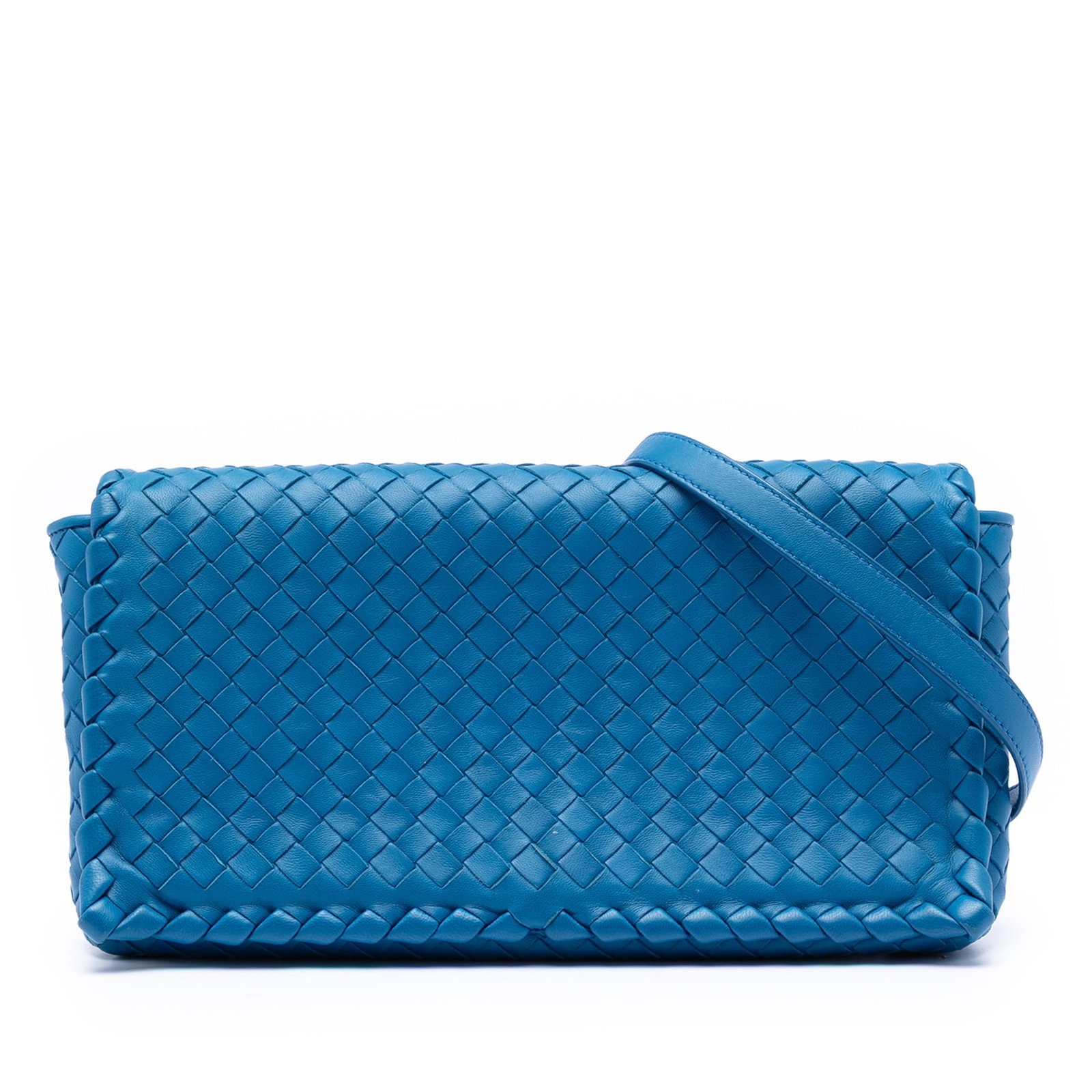 Blue Bottega Veneta Intrecciato Nappa Leather Crossbody Bag with Flap: Blue Bottega Veneta Intrecciato Nappa Leather Crossbody Bag with Flap This Bottega Veneta Nappa Intrecciato Flap Crossbody features a woven nappa leather body in blue, an adjustable flat shoulder stra