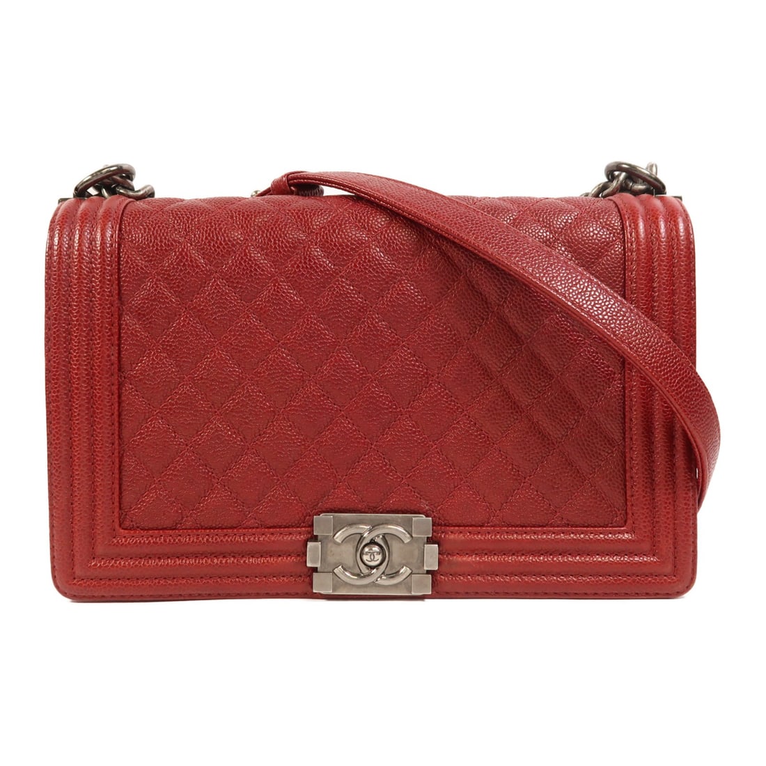 Chanel Boy 28 Red Calfskin Chain Shoulder Bag with CC and SHW: Chanel Boy 28 Red Calfskin Chain Shoulder Bag with CC and SHW A CHANEL Boy 28 chain shoulder bag in red calfskin leather with silver-tone hardware. It features a shoulder strap and a practical interio