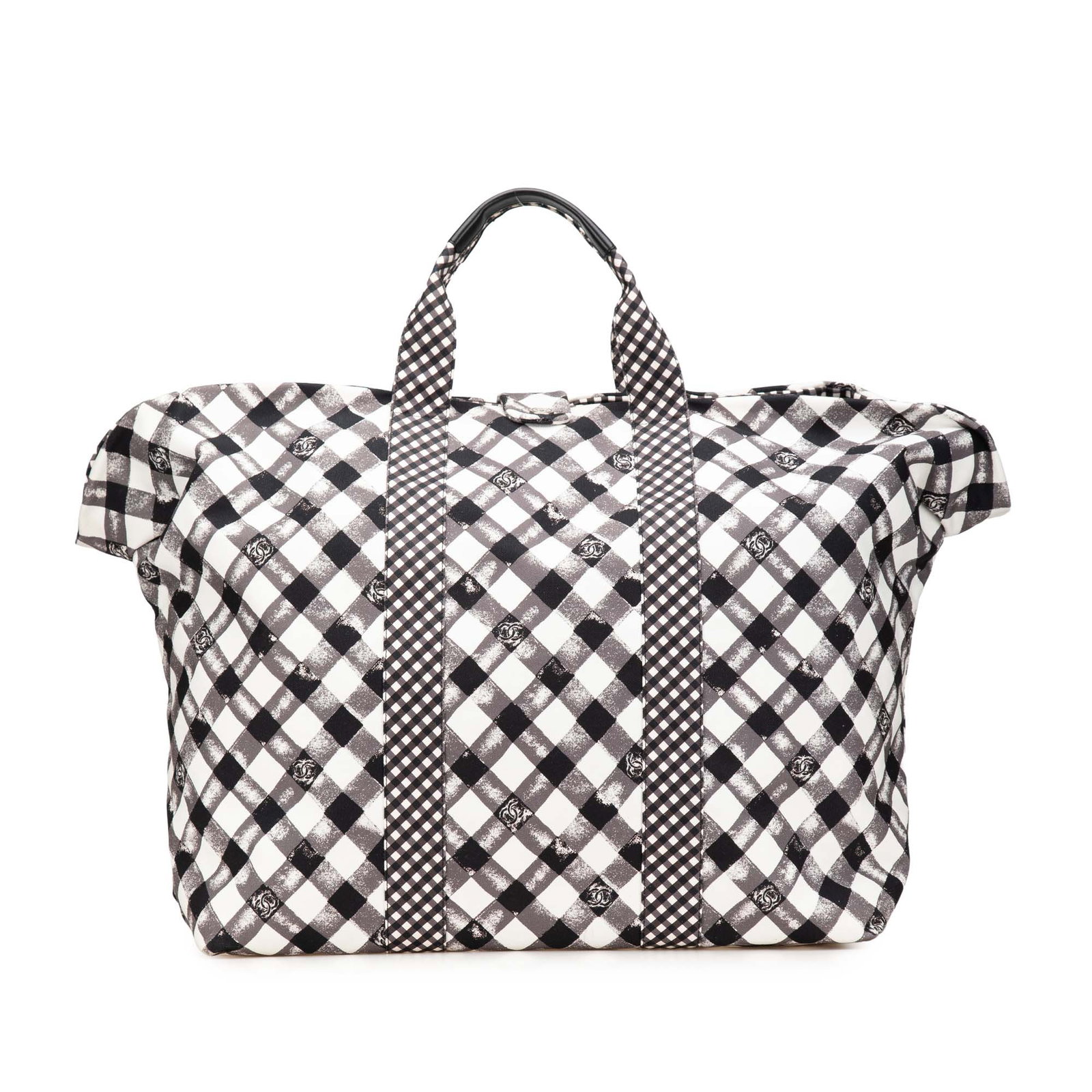 Chanel Gingham Canvas Weekender Tote Bag White Italy: Chanel Gingham Canvas Weekender Tote Bag White Italy This stylish Chanel Printed Canvas Gingham Weekender Tote is a perfect blend of fashion and functionality. It features a gingham canvas body comple