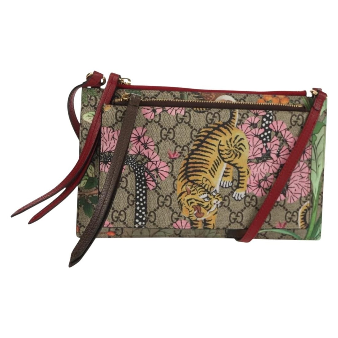 Gucci 454111 GG Supreme Bengal Tiger Floral PVC shoulder bag: Gucci 454111 GG Supreme Bengal Tiger Floral PVC shoulder bag Gucci shoulder bag in beige and gold, made from PVC leather and GG canvas. It features the GG Supreme Bengal Tiger Flower design and comes 