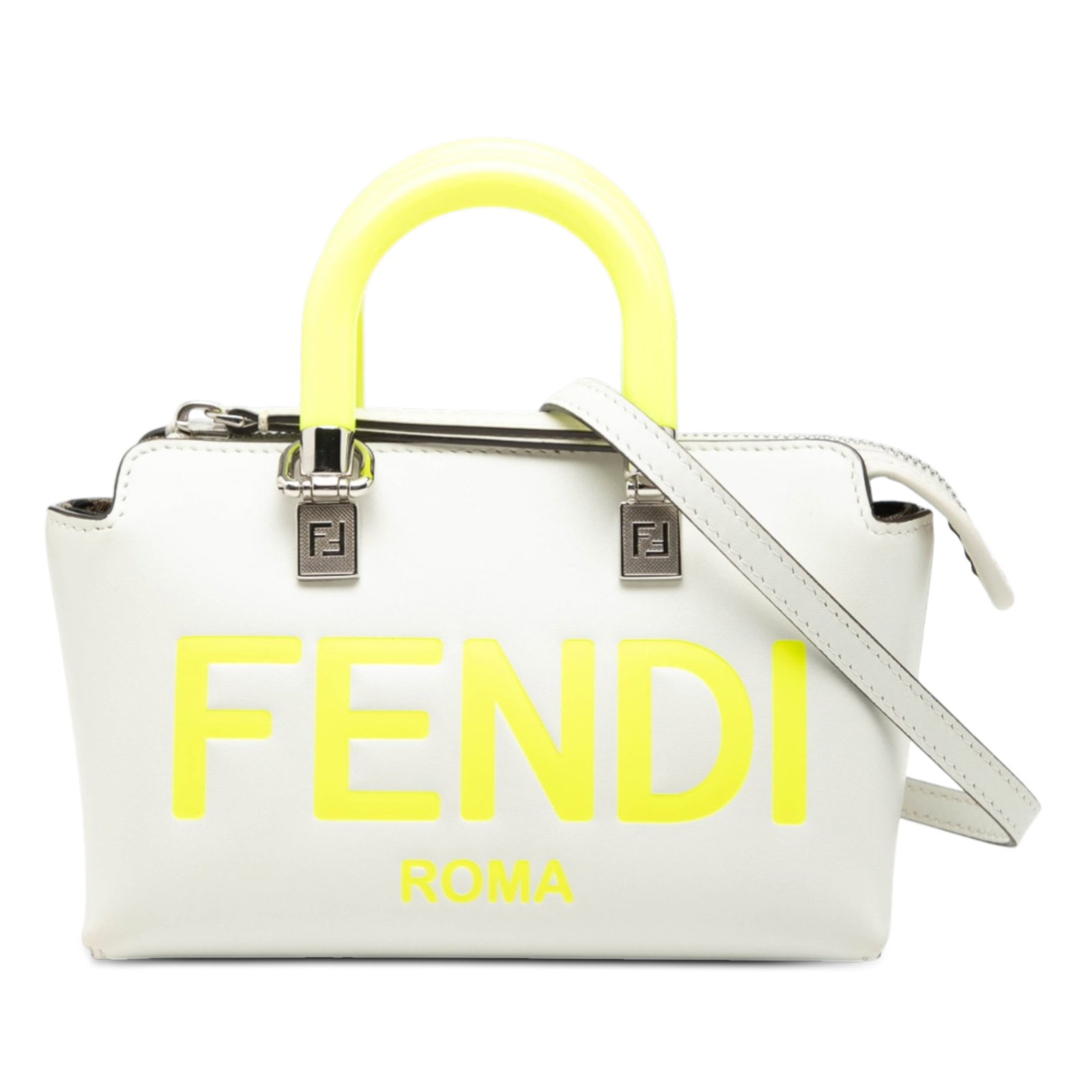 Fendi By The Way Mini White Leather Satchel with Acrylic Handles: Fendi By The Way Mini White Leather Satchel with Acrylic Handles This Fendi Mini By The Way Roma Satchel features a white leather body with rolled acrylic handles and a detachable flat leather strap. 