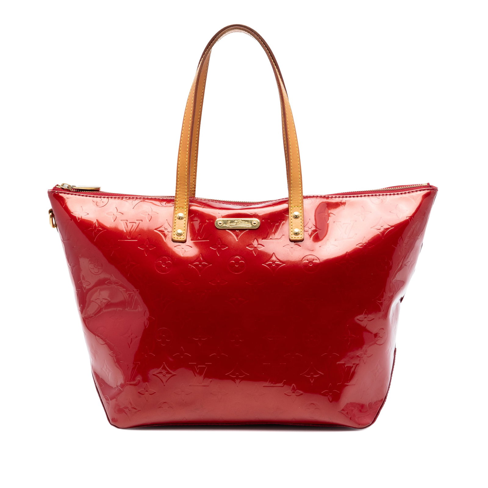 Louis Vuitton Bellevue GM Monogram Vernis Leather Handbag: Louis Vuitton Bellevue GM Monogram Vernis Leather Handbag Louis Vuitton Monogram Vernis Bellevue GM bag in red Vernis leather with flat vachetta straps and a top zip closure. It features interior zip 