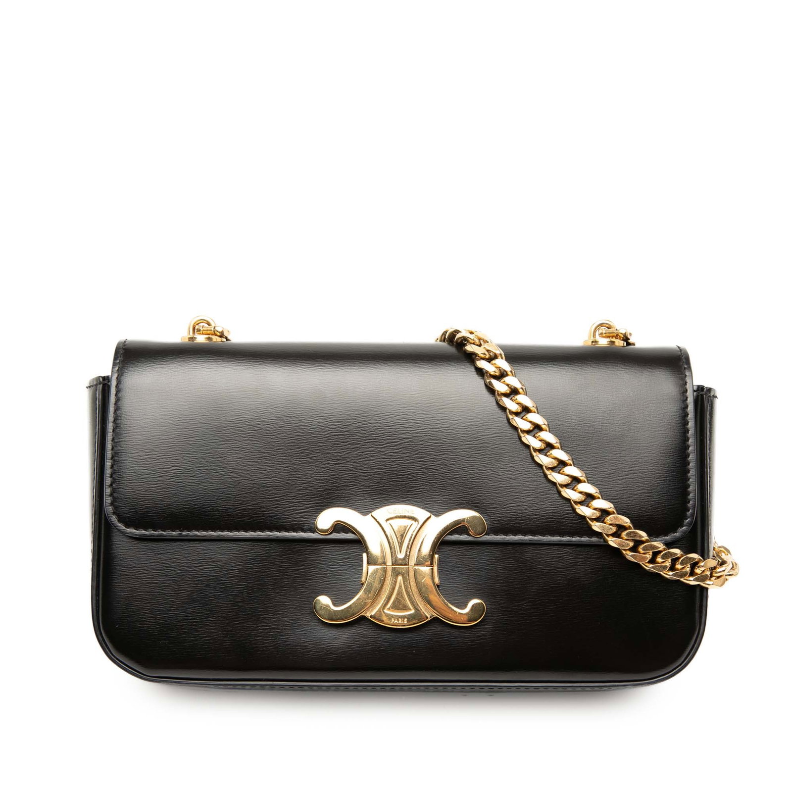 Celine Claude black leather chain shoulder bag: Celine Claude black leather chain shoulder bag This Celine Shiny Calfskin Claude Chain Shoulder Bag is crafted from black leather and features a gold-tone chain-link shoulder strap, a front flap with 