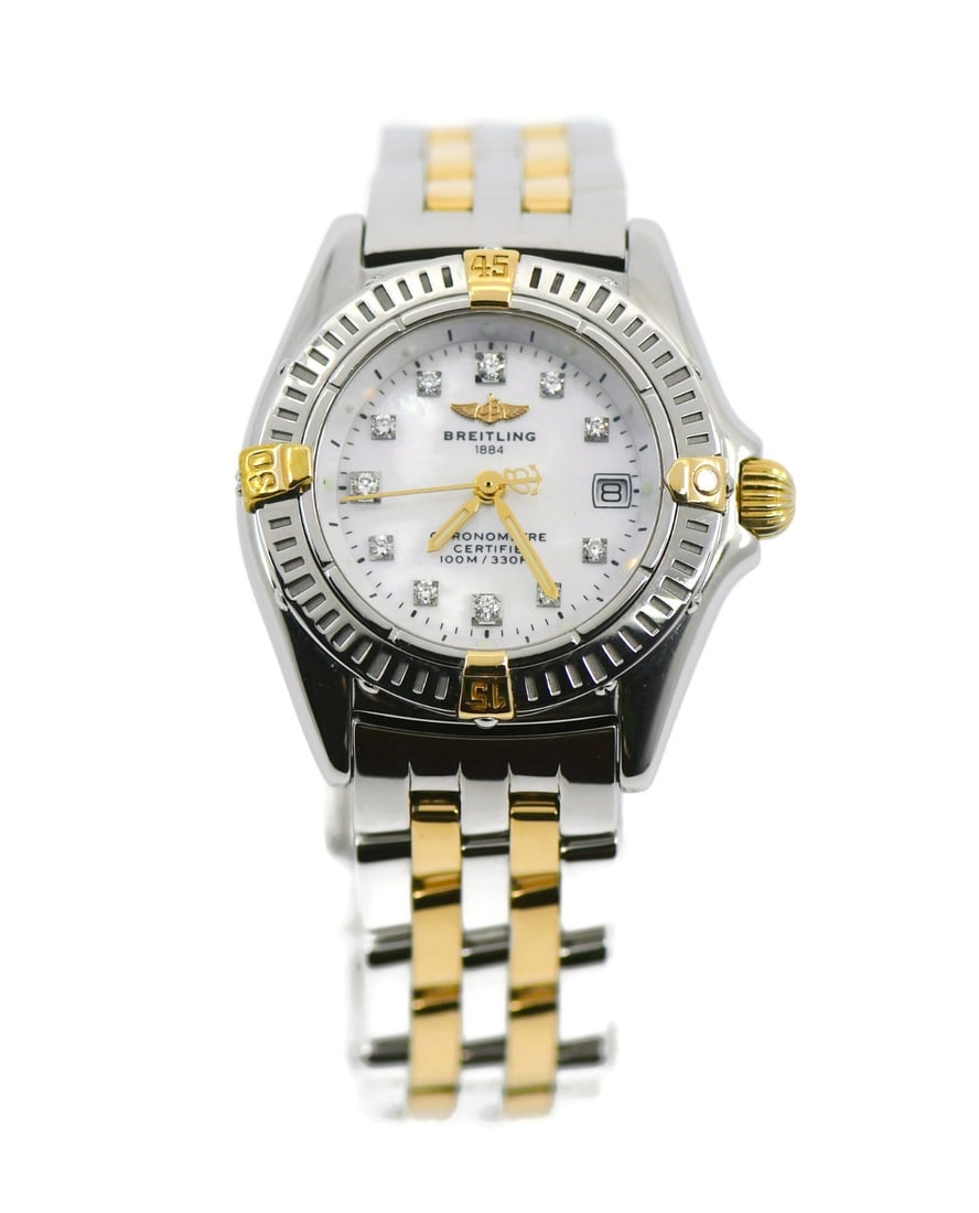 Breitling Callistino Diamond Ladies Quartz Wristwatch with Box B72345: Breitling Callistino Diamond Ladies Quartz Wristwatch with Box B72345 This Breitling Callistino wristwatch features a polished stainless steel case with an 18K accent and a diamond-set bezel. The roun