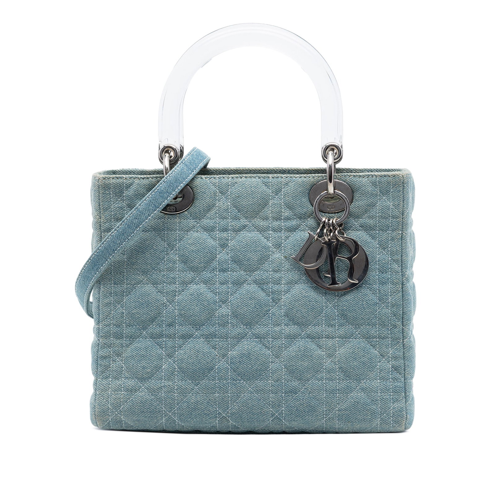 Dior Lady Dior Medium Blue Denim Satchel with Acrylic Handles: Dior Lady Dior Medium Blue Denim Satchel with Acrylic Handles This Lady Dior satchel features a quilted denim body with flat top handles, a detachable flat denim strap, a top zip closure, and an inter