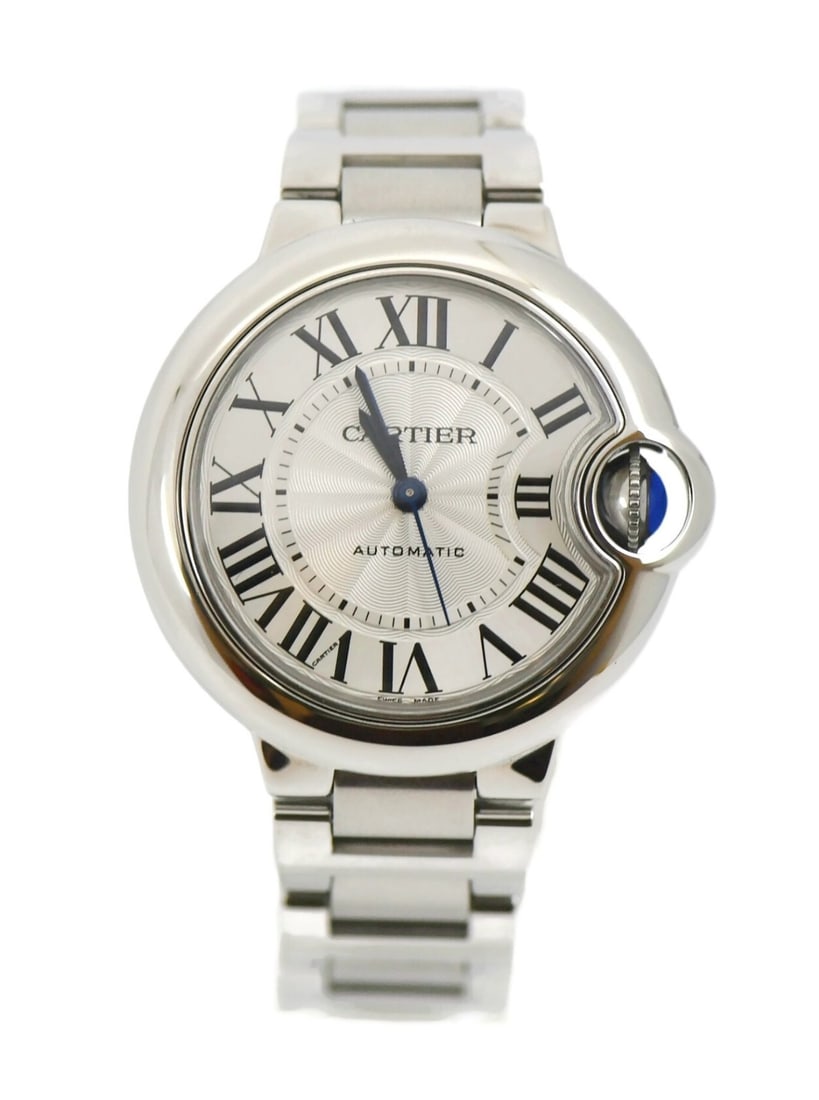 Cartier Ballon Bleu 33mm Stainless Steel Automatic Women's Watch with Box and Papers: Cartier Ballon Bleu 33mm Stainless Steel Automatic Women's Watch with Box and Papers This Cartier Ballon Bleu wristwatch features a polished stainless steel case and bracelet, complemented by a silver